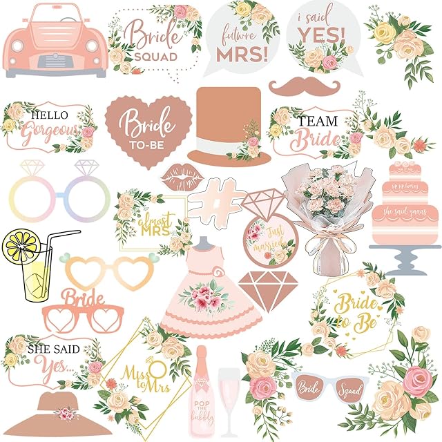 Party Photobooth Props, 32Pcs Wedding Photo Booth Props, Engagement Wedding Photo Props Accessories, Funny Selfie Props Kit for Bachelorette Party, Hen Party, Bridal Shower, Wedding Party Decorations