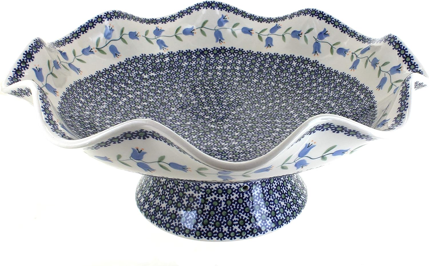 Blue Rose Polish Pottery - Blue Tulip Large Fluted Pedestal Bowl - 5" x 14" - Perfect for Bread, Fruit, Snacks or Table Centerpiece
