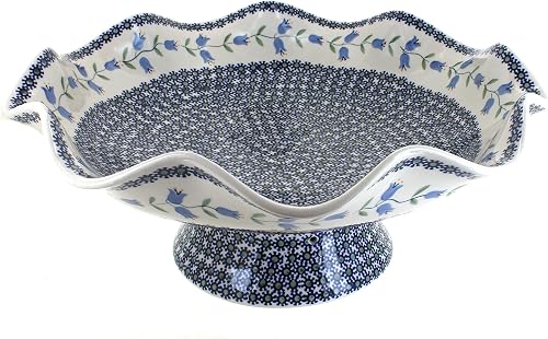 Blue Rose Polish Pottery - Blue Tulip Large Fluted Pedestal Bowl - 5" x 14" - Perfect for Bread, Fruit, Snacks or Table Centerpiece