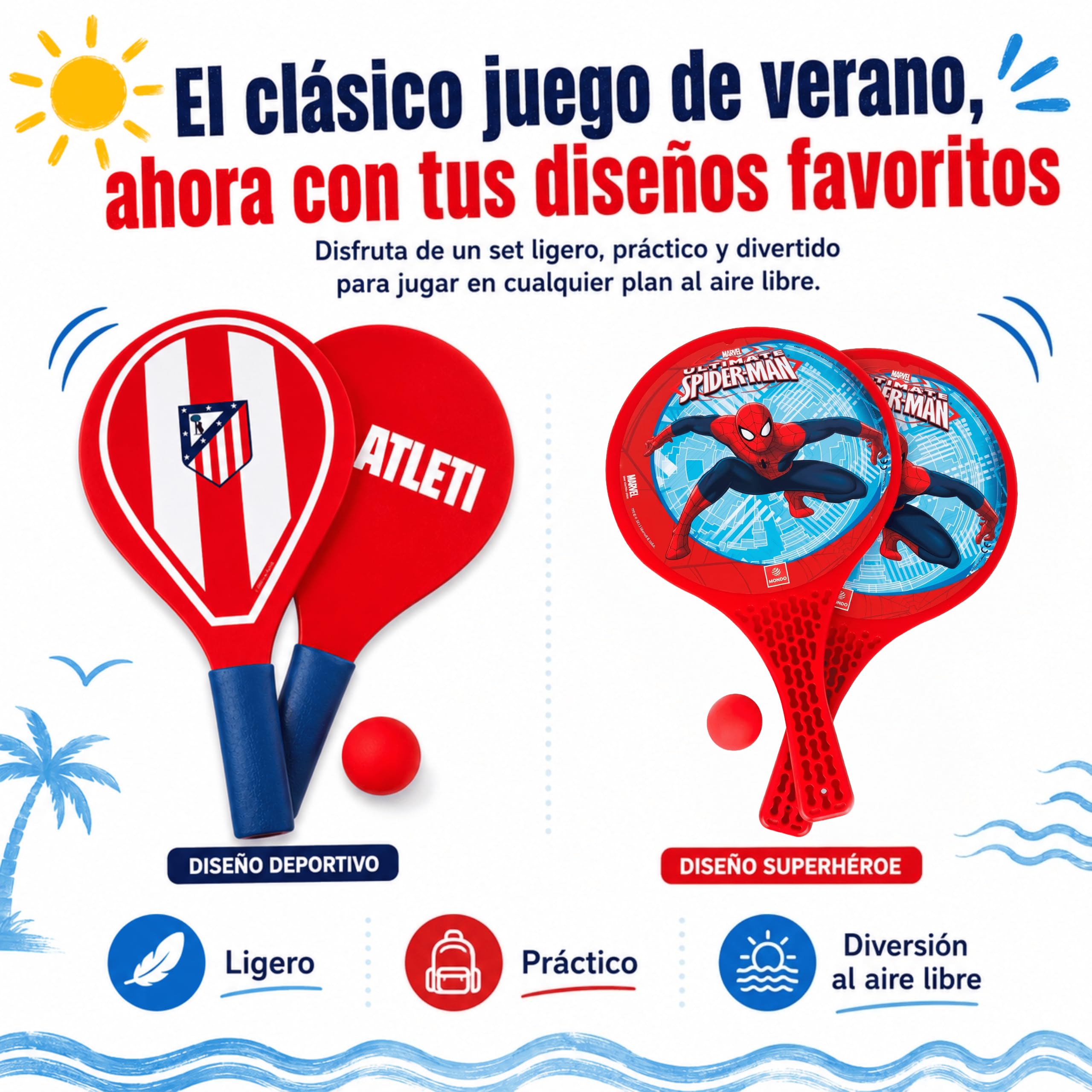Palas de Playa Atlético de Madrid con Pelota Incluida | Set de 2 Raquetas de Playa de Plástico | Juego de Palas para Niños y Adultos | Ideal para Playa, Piscina, Jardín y Vacaciones