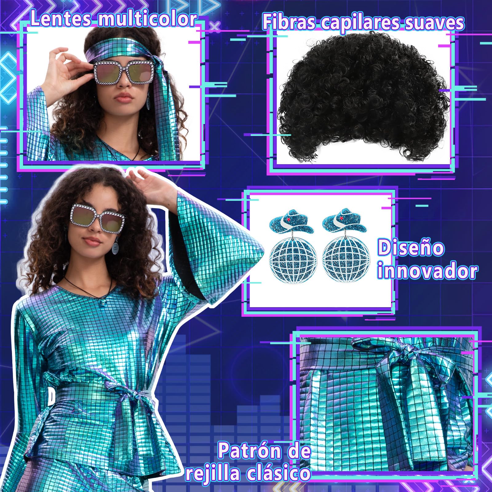 Ulikey Disfraz Disco Mujer, 9 Piezas Disfraces Disco Años 70 Brillante Disfraz Abba Mujer con Pendientes, Collares, Gafas de Sol, Pelucas para Carnaval, Reuniones Familiares