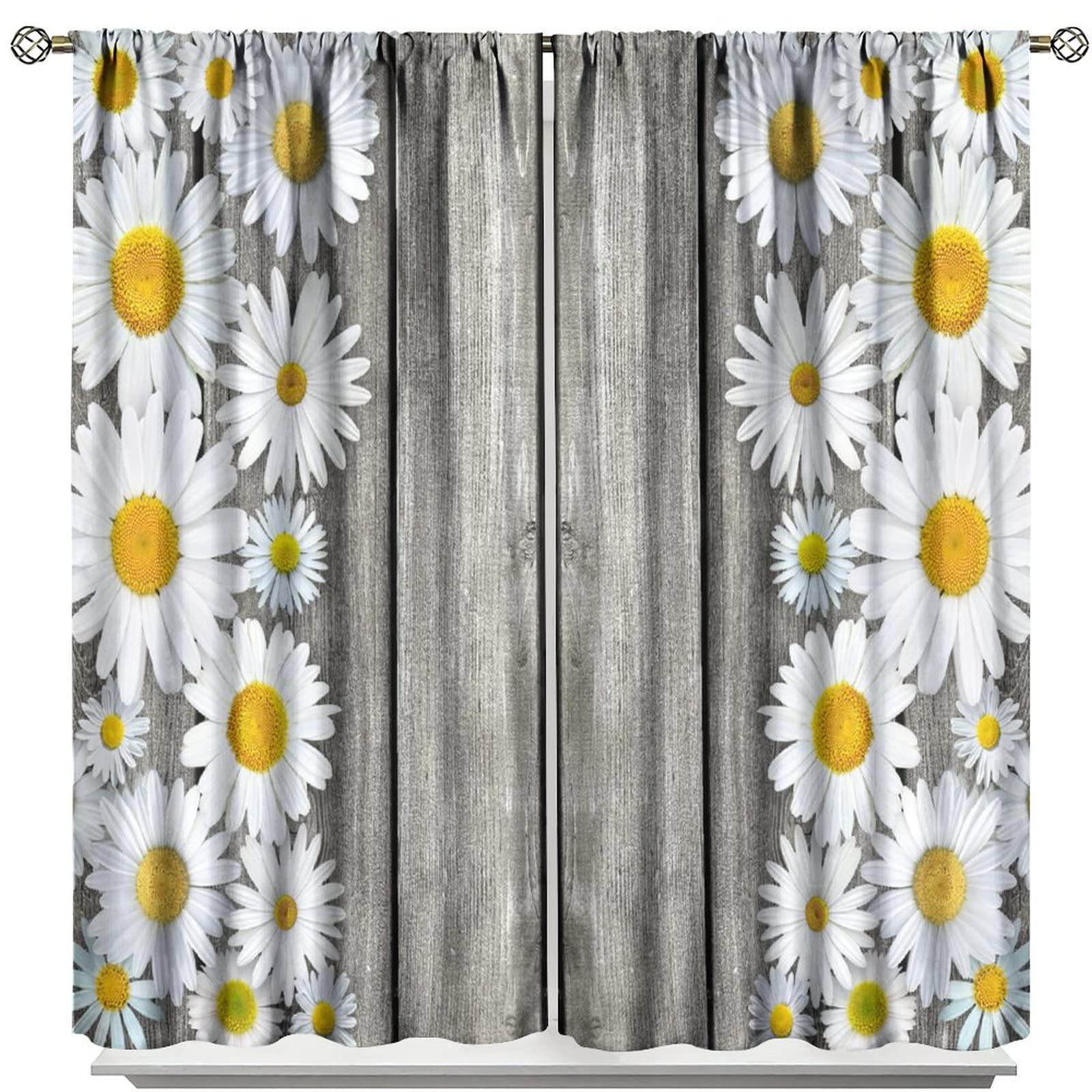 Rustic Farmhouse Kitchen Curtains,Spring Farm Daisy Floral Flowers Retro Country Wooden Blackout Rod Pocket Window Drapes for Living Room Bedroom Bathroom Home Decor W42xL63in