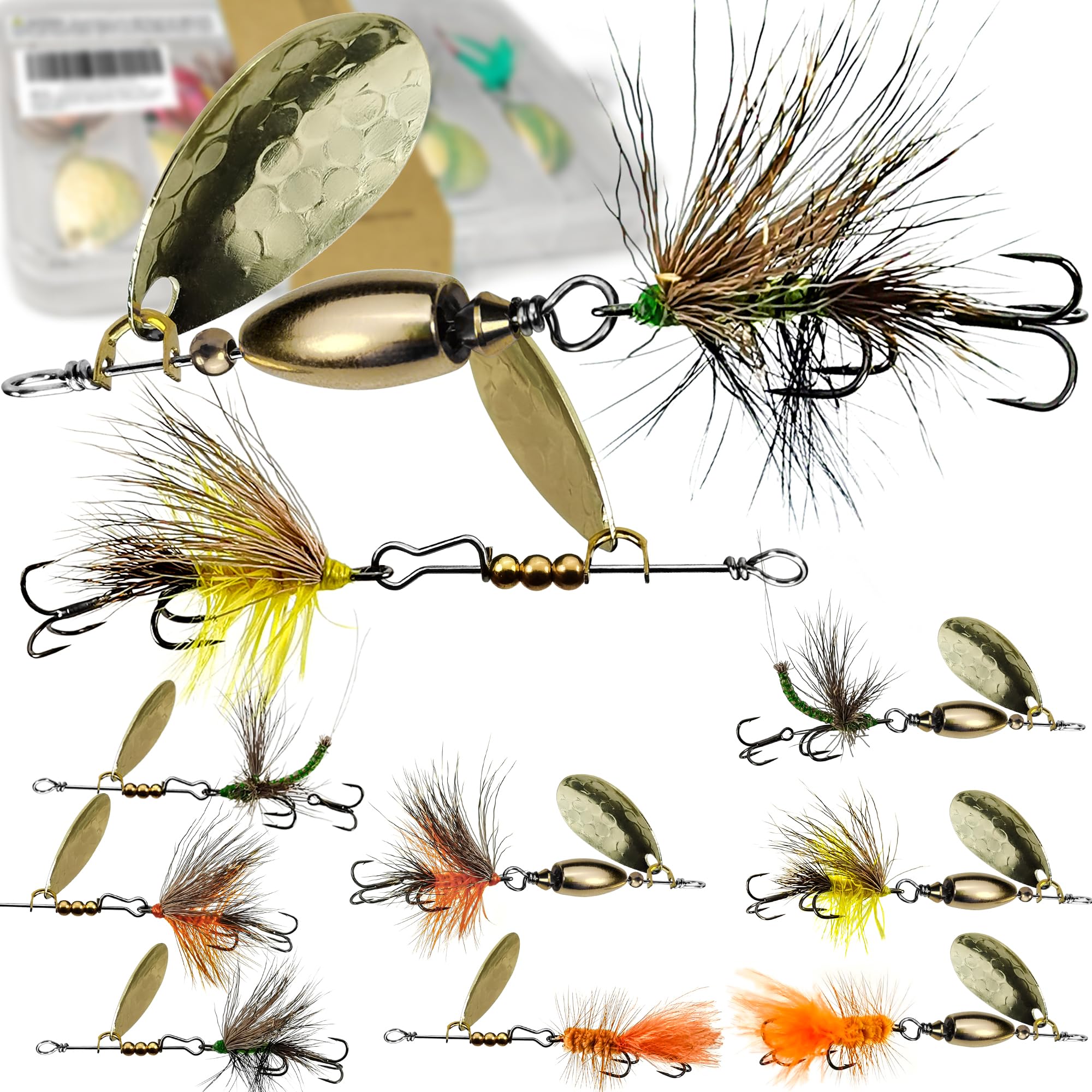 Trout Lures Trout Spinners, Rooster Baits Tail Trout Fishing Lures with Brass Spinner for Lake River Fishing, Smallmouth Bass Lures Fishing Spinner Kit for Bass Salmon Pike