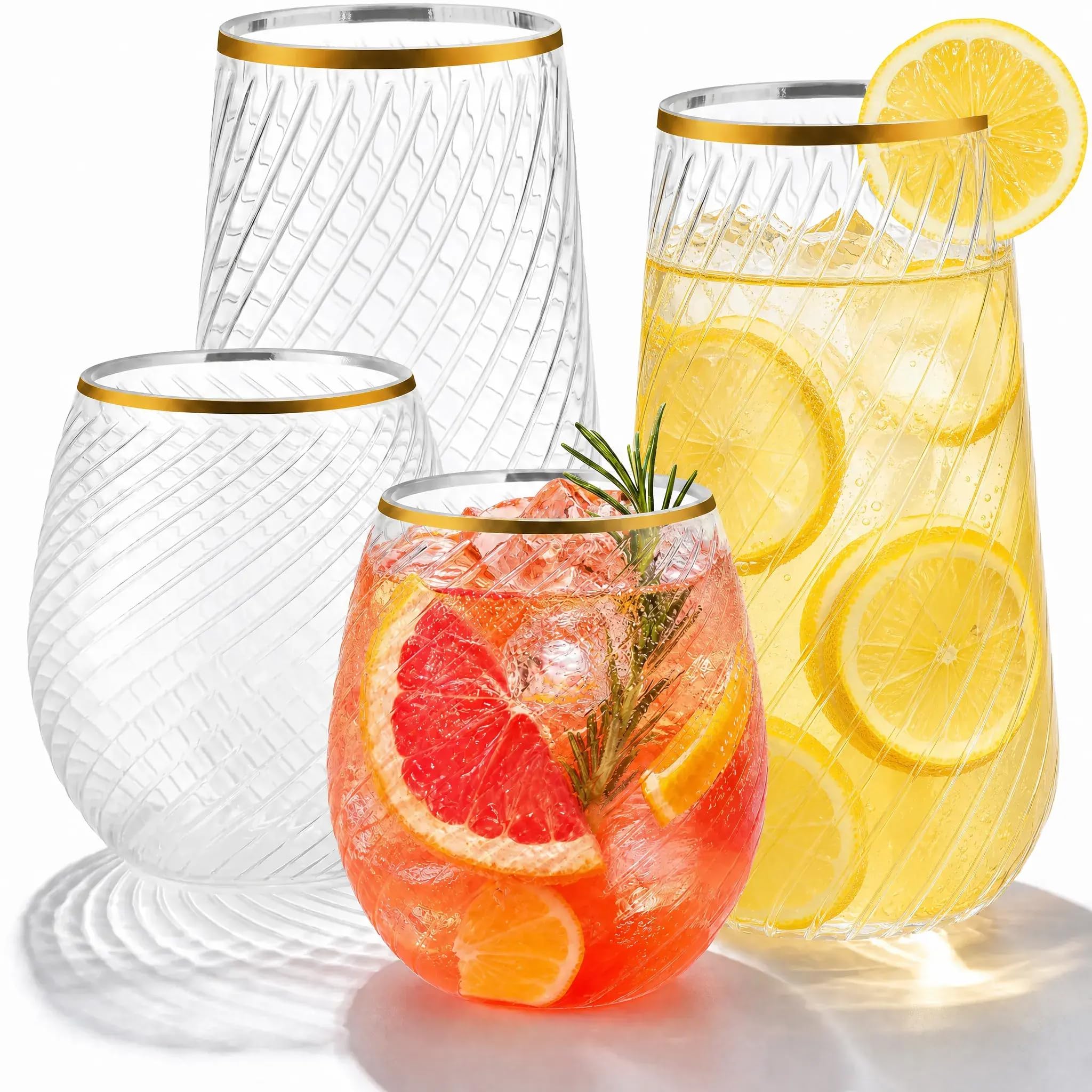 48 Pack Ribbed Plastic Wine Glasses – 24 x 9oz Stemless Champagne Flutes & 24 x 12oz Disposable Wine Glasses – Elegant Disposable Plastic Cups with Gold Rim – BPA-Free Drinkware for Weddings, Parties — Amazon image 10