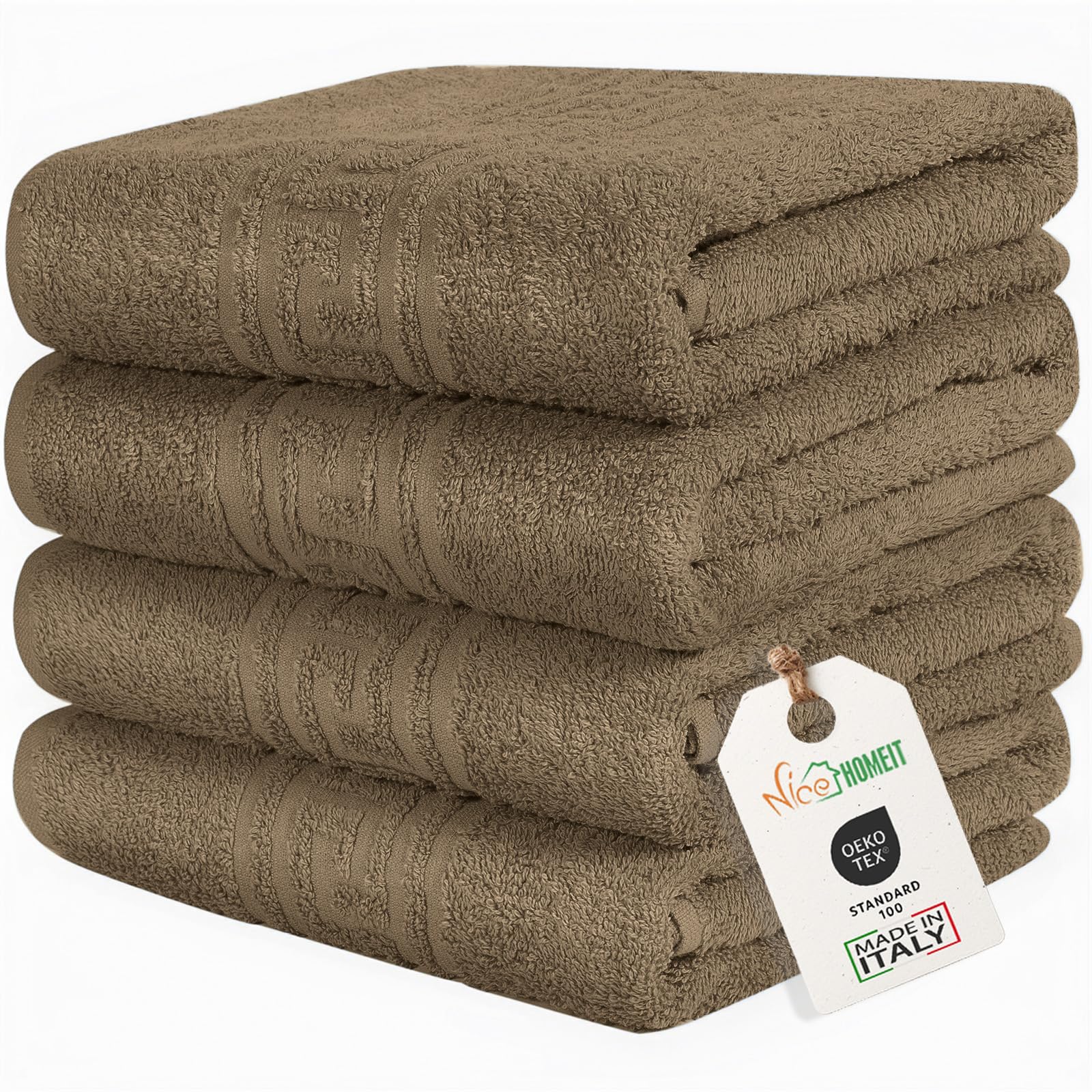 nice homeit - Set di 4 Asciugamani in 100% Cotone Filato ad Anello – 60x100 cm – Adatti per Uso Quotidiano e Sportivo – Extra Morbidi e Assorbenti – Made in Italy (Marrone)