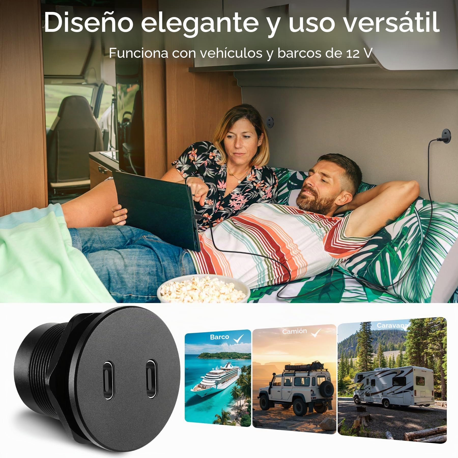 Toma USB 12V Camper Aluminio, Doble Puerto PD 3.0 USB-C 20W Socket, Carga Rápida Cargador USB 12V para Barco Marino Camión Autobús Autocaravana Coche Barco, 2pcs