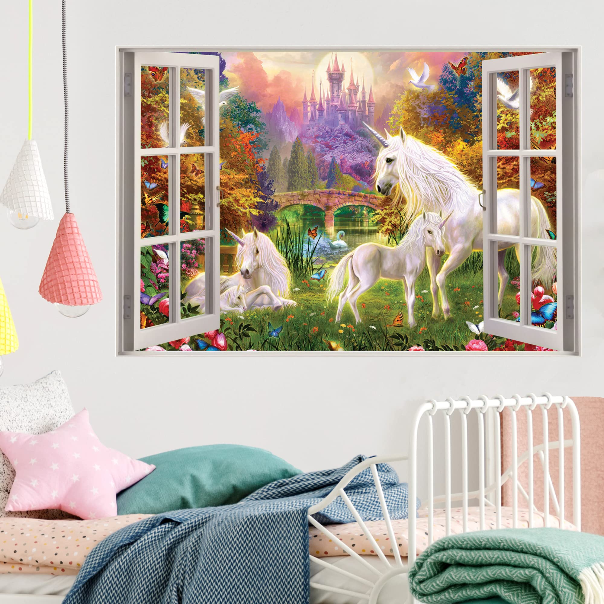 Beautiful Game Unicorn Wall Stickers Girls Bedroom Wall Décor Unicorn Castle Window for Girls (60cm width x 40cm height)