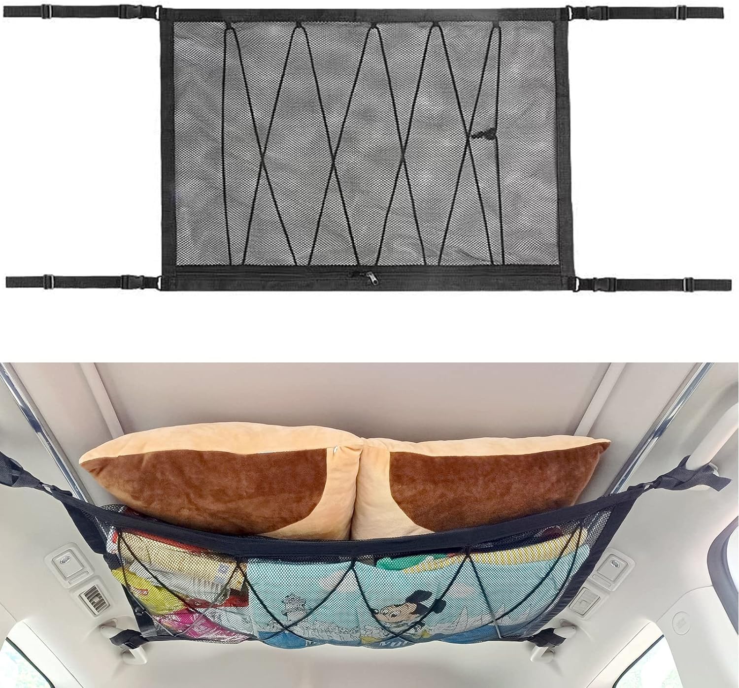 Sponsored Ad - Car Ceiling Storage Net | Double Zipper, Adjustable Strap Prevent Falling, 31"x21"Double-Layer Mesh Long Road Trip Camping Van SUV Roof Cargo Pocket Organizer for Putting Quilt Toys Sundries