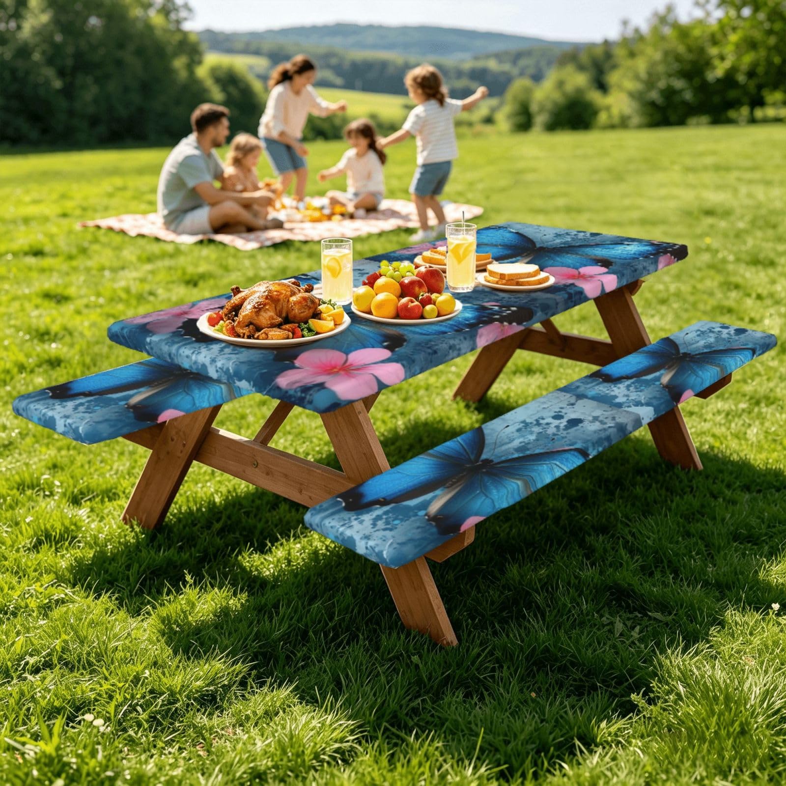 Nappe de pique-nique ajustée avec housses de banc, nappe élastique ajustée, imperméable, pour camping, extérieur, motif papillon bleu aquarelle, fleurs roses, 183 cm
