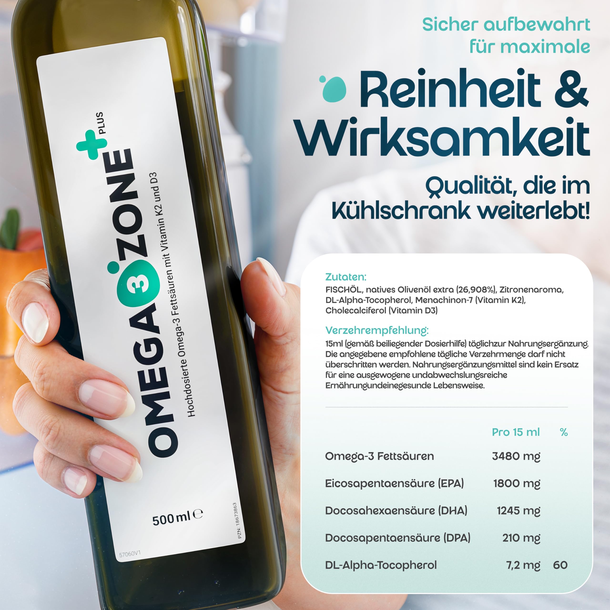 omega3zone Omega 3 Öl mit Vitamin D3 K2 | Deutsche Qualität | Zitrone | 3 in 1 | Hochdosiert mit 3.000 mg EPA und DHA, Vitamin D3 und All Trans MK7 K2Vital® | Zitronen-Geschmack ohne Aufstoßen