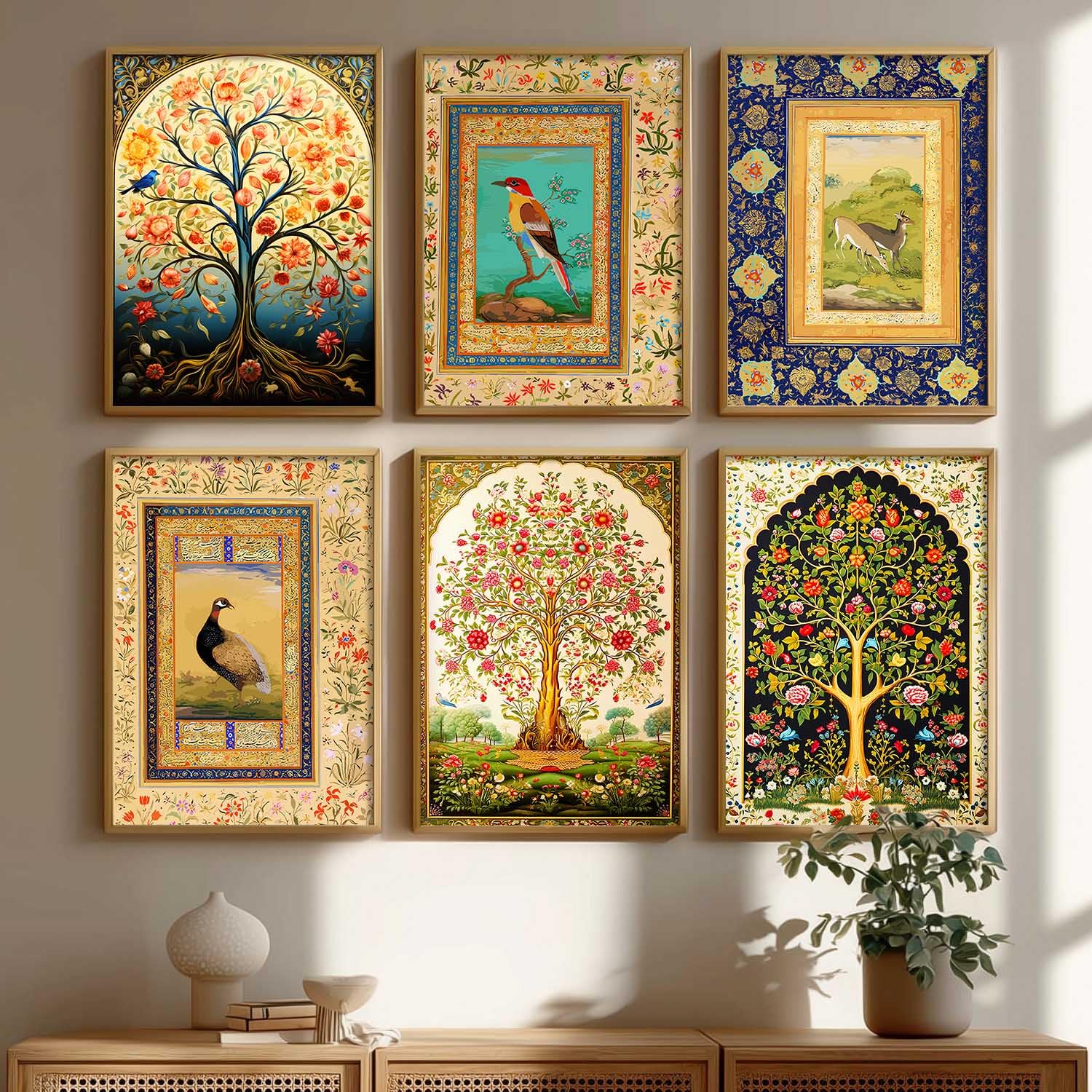 kotart wood Traditional Indian Madhubani/Pichwai Art Framed Posters for Home Living Room Bedroom Wall Decor Set of 6 (10x13 inch, Art 5)