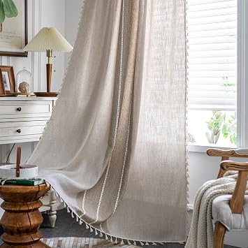 ColorBird Boho Curtains Linen-Textured for Living Room Bedroom 84 Inches Light Filtering Natral Brown Tan Farmhouse Embroidered Striped Curtains & Drapes for Dining Room Kitchen Window Treatment