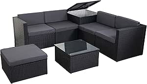 Mendler Poly-Rattan-Garnitur HWC-D21, Balkon-/Garten-/Lounge-Set Sofa Sitzgruppe, Box Staufach - anthrazit, Kissen dunkelgrau