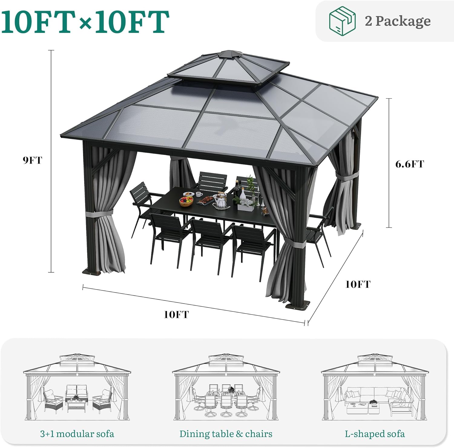 YITAHOME 10X10FT Polycarbonate Gazebo Outdoor Patio Double Top Canopy Galvanized Iron Aluminum Column Garden Tent Curtains Netting for Backyards Decks Lawns,Gray