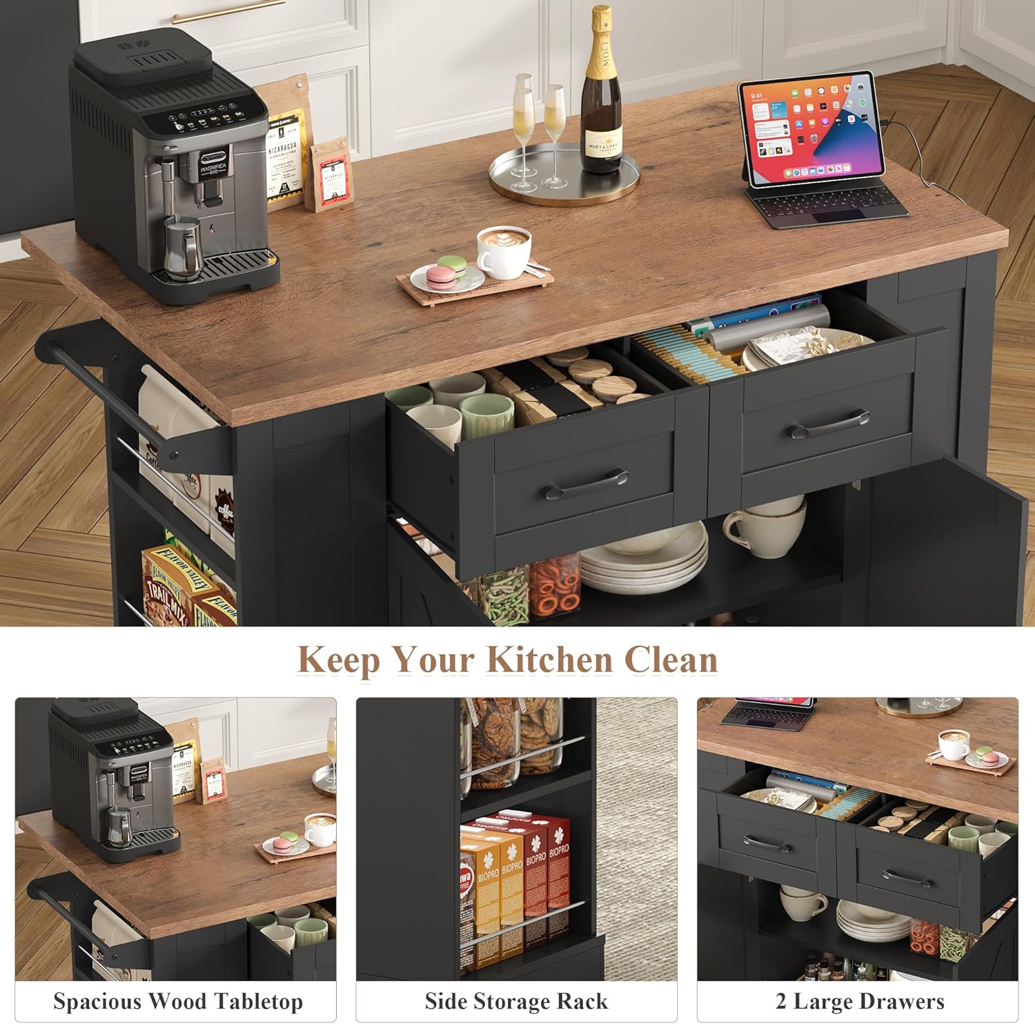 Keyluv Kitchen Storage Island with 2 Stools, 51” Mobile Kitchen Cart with Drop Leaf & Power Outlet, Rolling Island Table Dining Room Buffet with 2 Drawers & Side Storage Rack &Towel Rack, Black