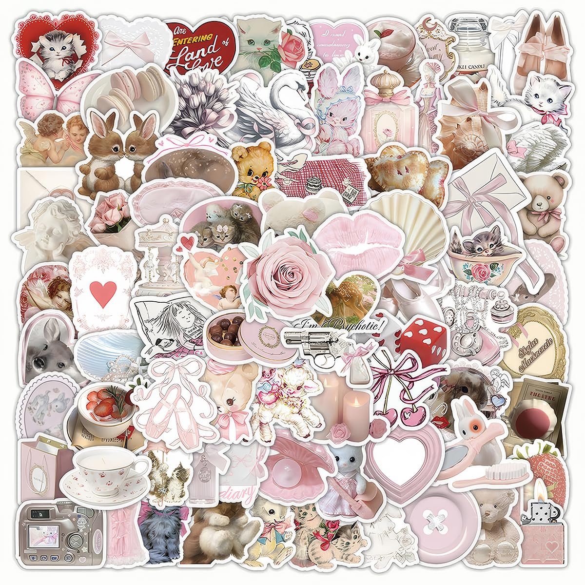 Coquette Stickers Pack, 100 Pieces, Cute Vinyl Aesthetic Design, Waterproof Pink, for Laptop Water Bottle Phone Guitar Decoration