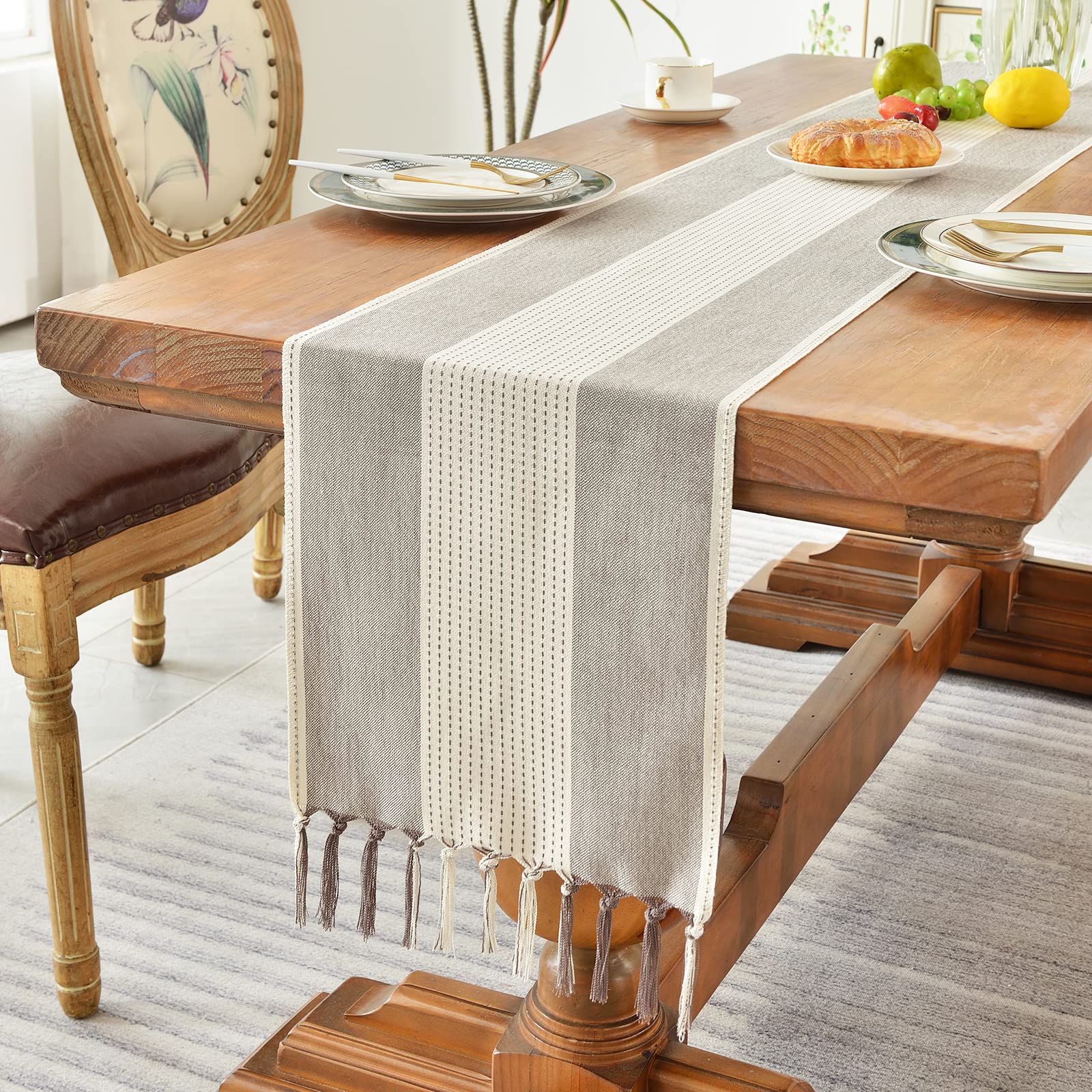 Weldomcor Runner da tavola in macramè, in lino di cotone bohémien, con nappe, rettangolare, in pizzo all'uncinetto, per cucina, vintage, in stile bohémien, decorazione da tavolo, 30 x 180 cm