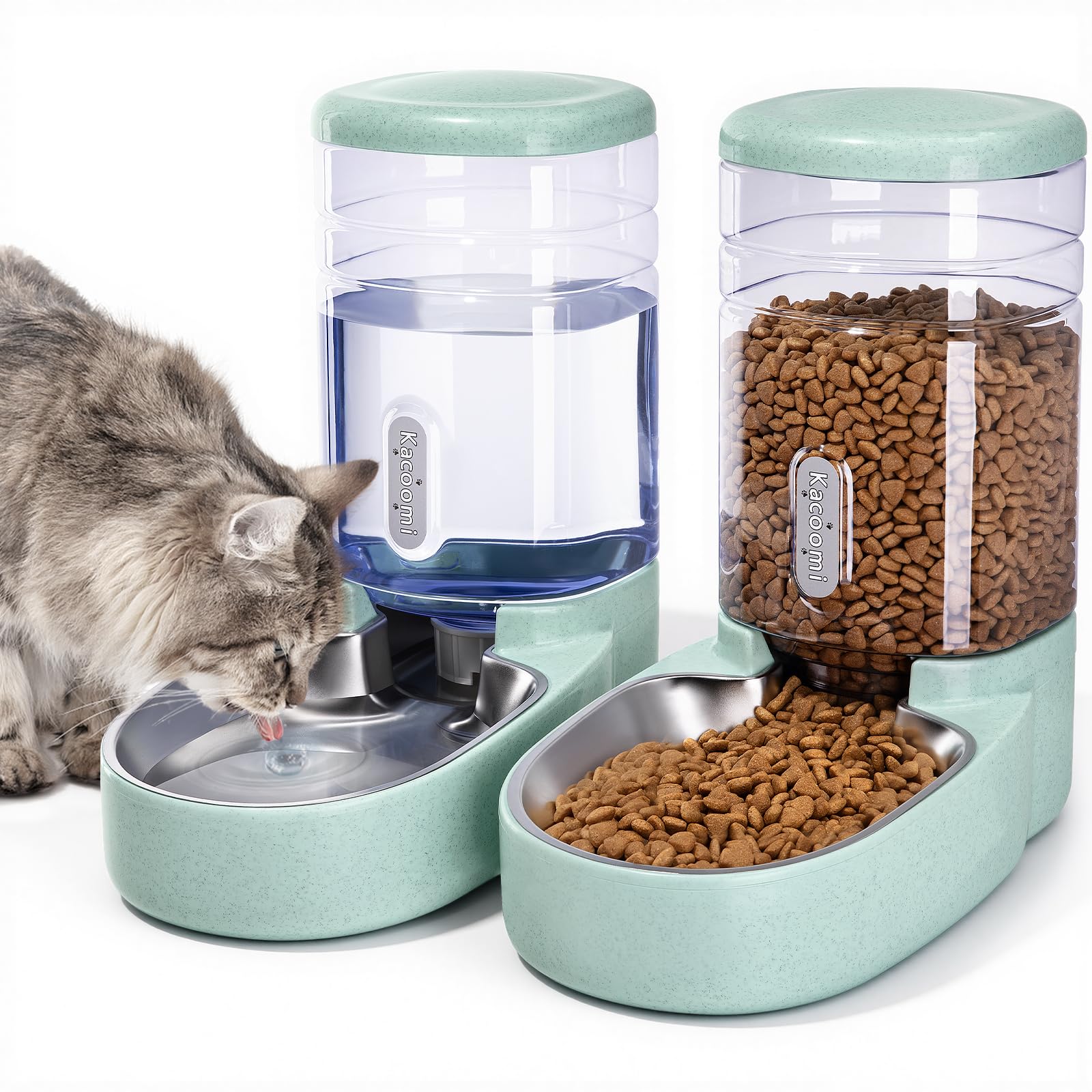 Photo 1 of Automatic Cat Feeder and Water Dispenser with Stainless Steel Bowl Gravity Food Feeder and Waterer Set for Small Medium Dog Puppy Kitten 1 Gallon x 2(Green)