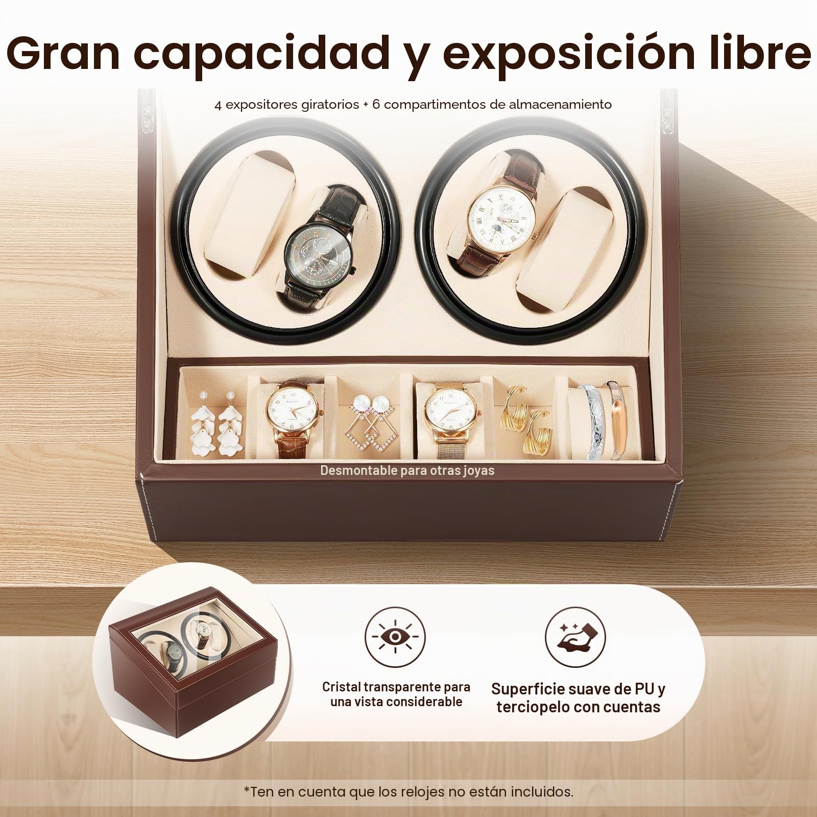 Caja de reloj automática para reloj, caja de madera, fibra de carbono, 4 + 6 relojes, Winder, -