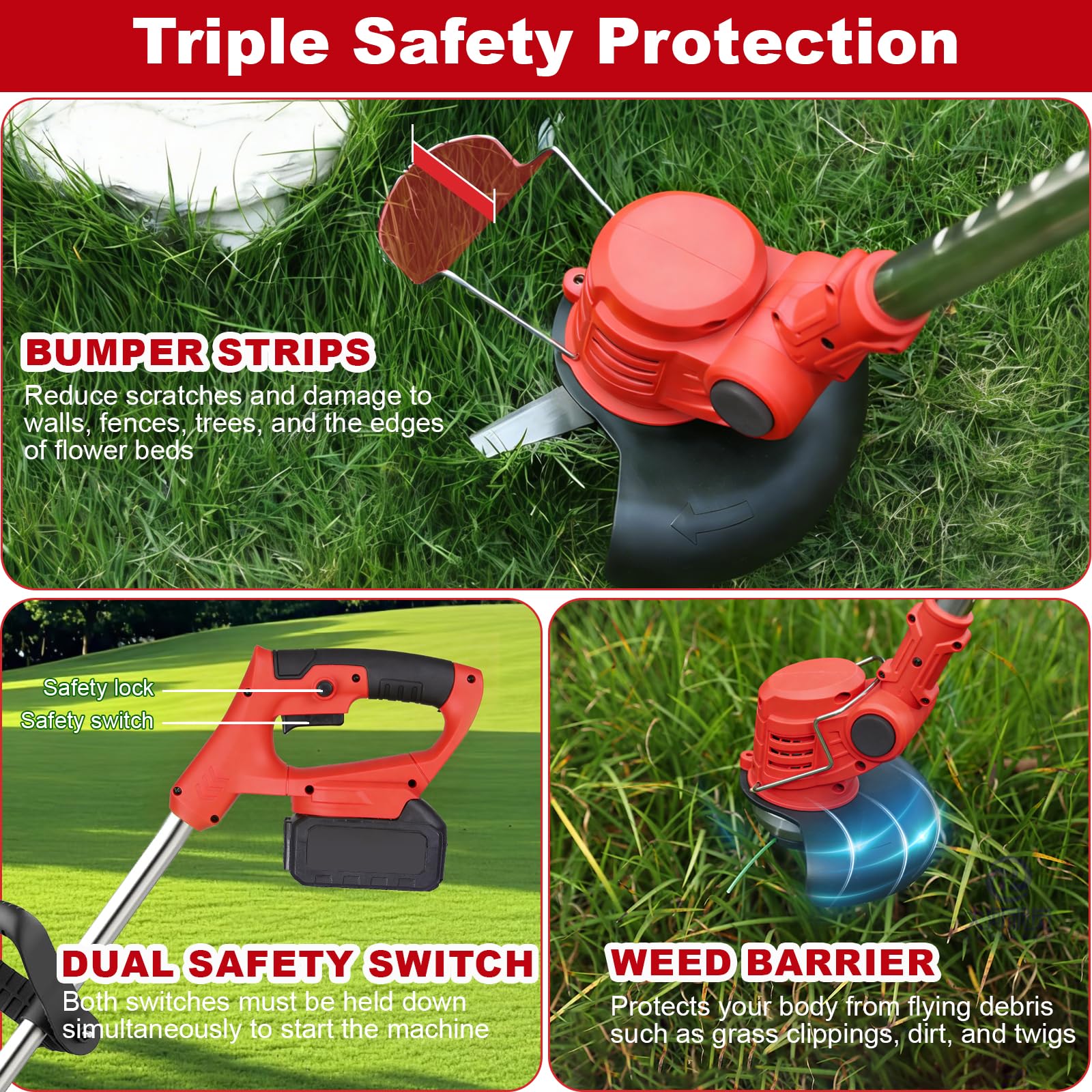Cordless Strimmer Grass Trimmer with 2*Battery and Charger, Lightweight Strimmer Cordless, Battery Strimmer 21V MAX, Garden Strimmer Adjustable Head and Telescopic shaft for Lawn, Edges, Weeds — view 7