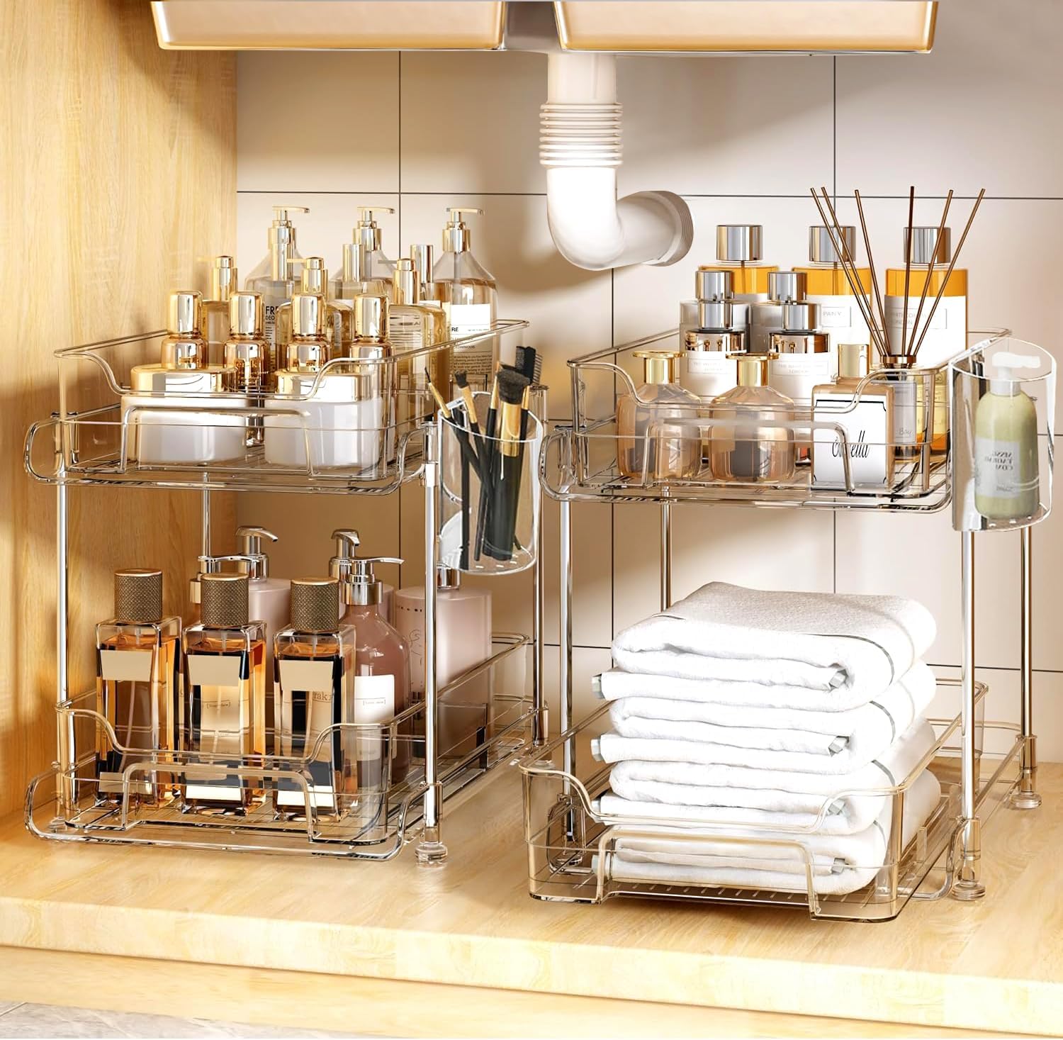Under Sink Organizer,2 Tier Bathroom Cabinet Organizer,Clear Organizers storage with Dividers and Cups,Multi-Purpose Slide-Out Storage Container for Cabinet,Fridge,Kitchen,Makeup(2Packs)