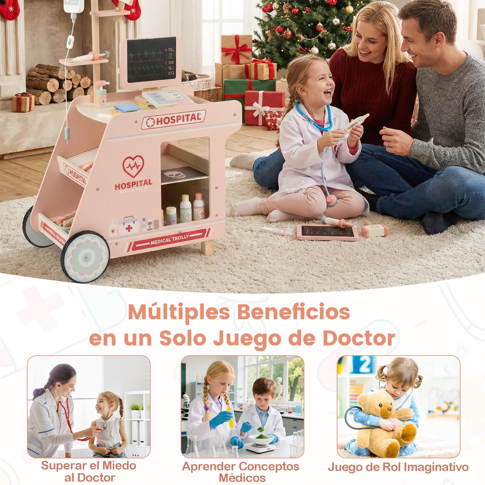 COSTWAY Juego de Médicos de Madera para Niños, Kit de Doctor de Juguete de Carrito con Máquina CT, Estetoscopio, Puesto Médico Centro de Actividades Móvil con Accesorios, para Niños de 3+ Años