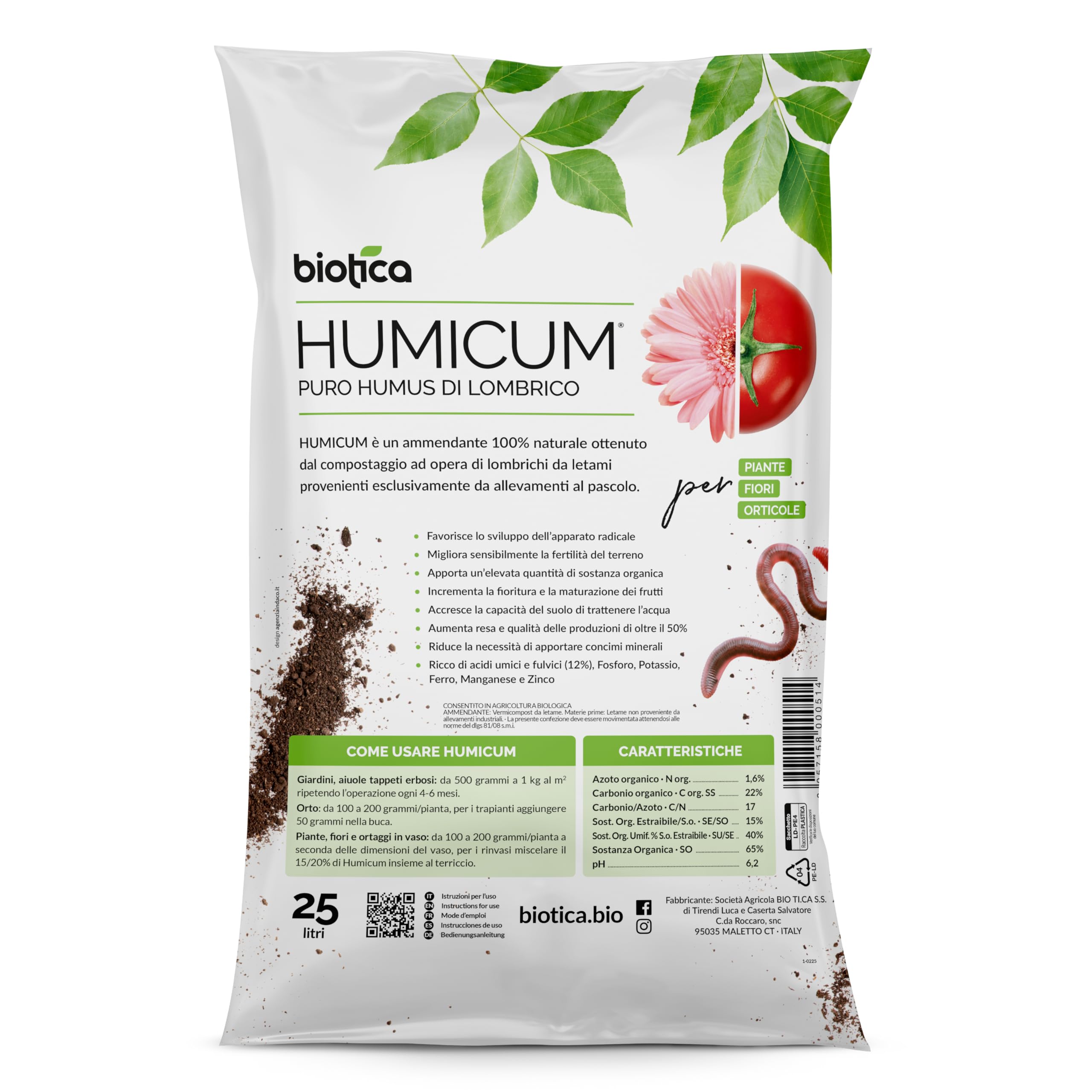 BIOTICA Humus di lombrico 100% biologico italiano HUMICUM - 25 Litri - Fertilizzante Naturale, Terriccio, Concime per Piante, Fiori e Orto