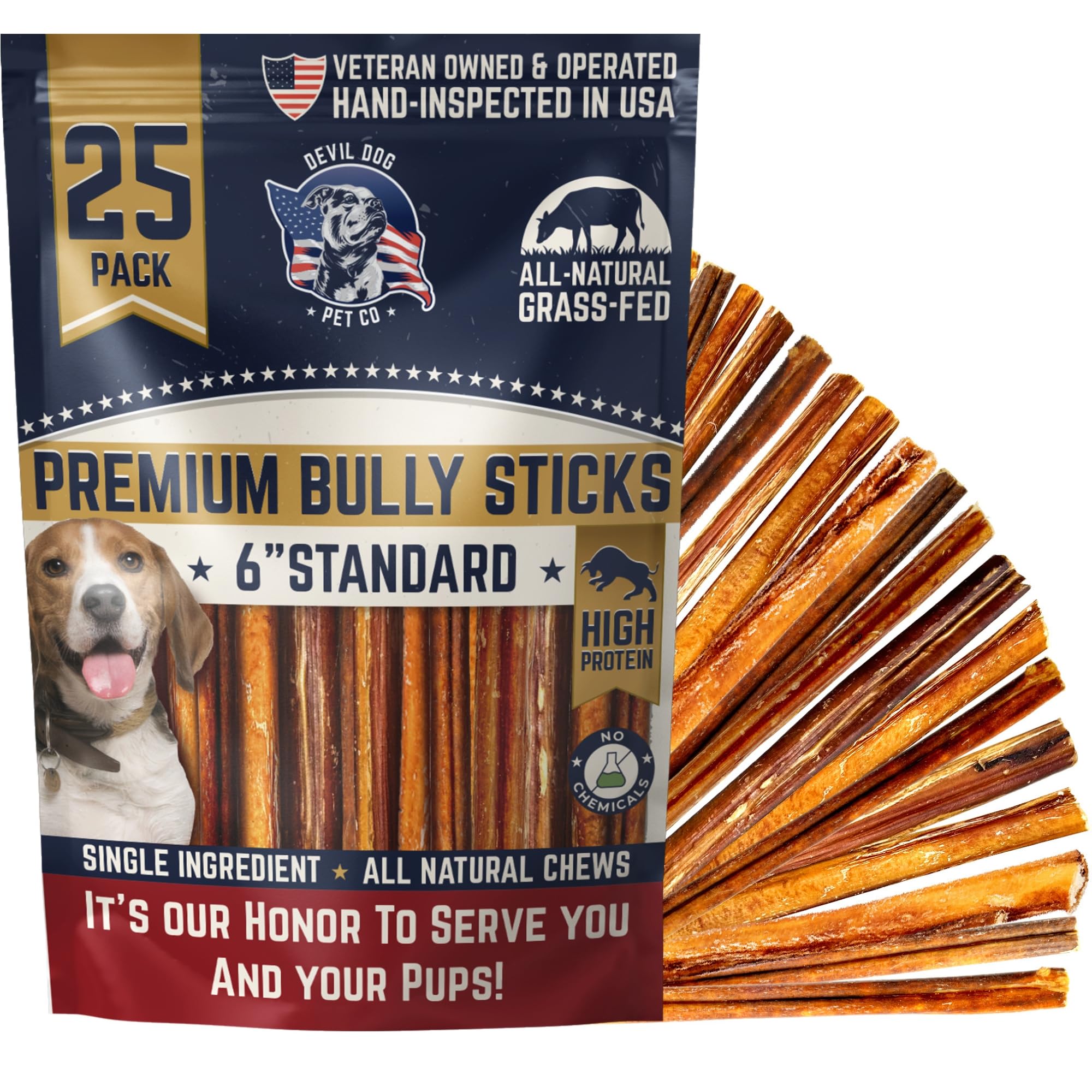Devil Dog Pet Co Bully Sticks for Small Dogs, Long Lasting 6 in 25 Pack