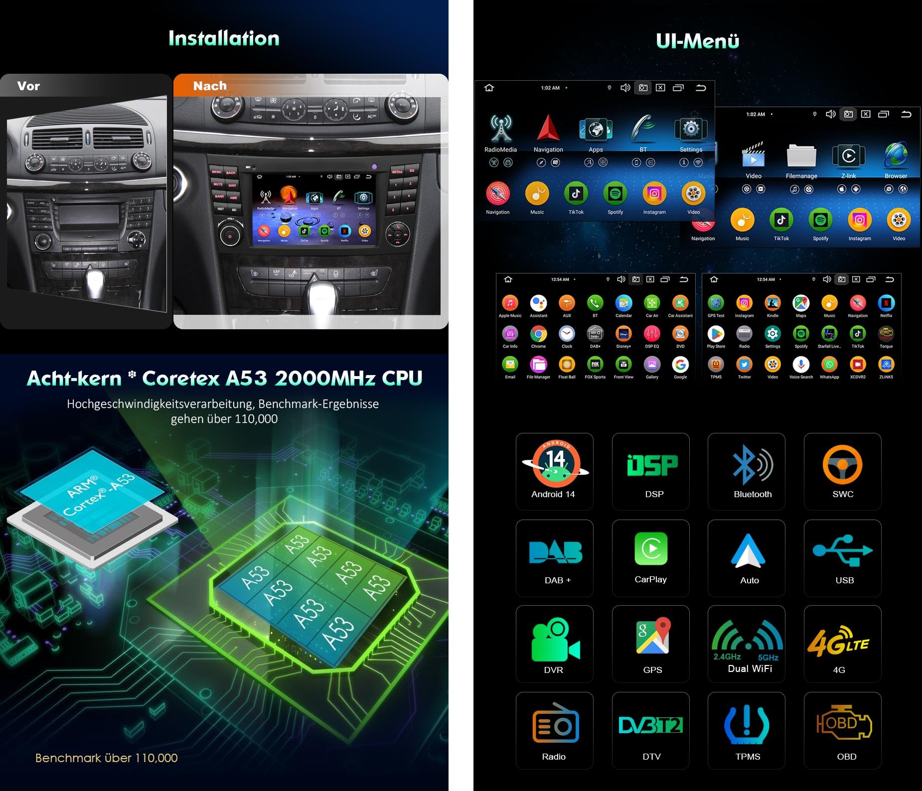 Erisin 8-rdzeniowy 4 GB + 64 GB Android 16 2 DIN radio samochodowe Bluetooth do Mercedes Benz klasy E W211 CLS klasa W219 7 cali ekran dotykowy CarPlay Android Auto GPS nawigacja DAB+ radio DSP A2DP