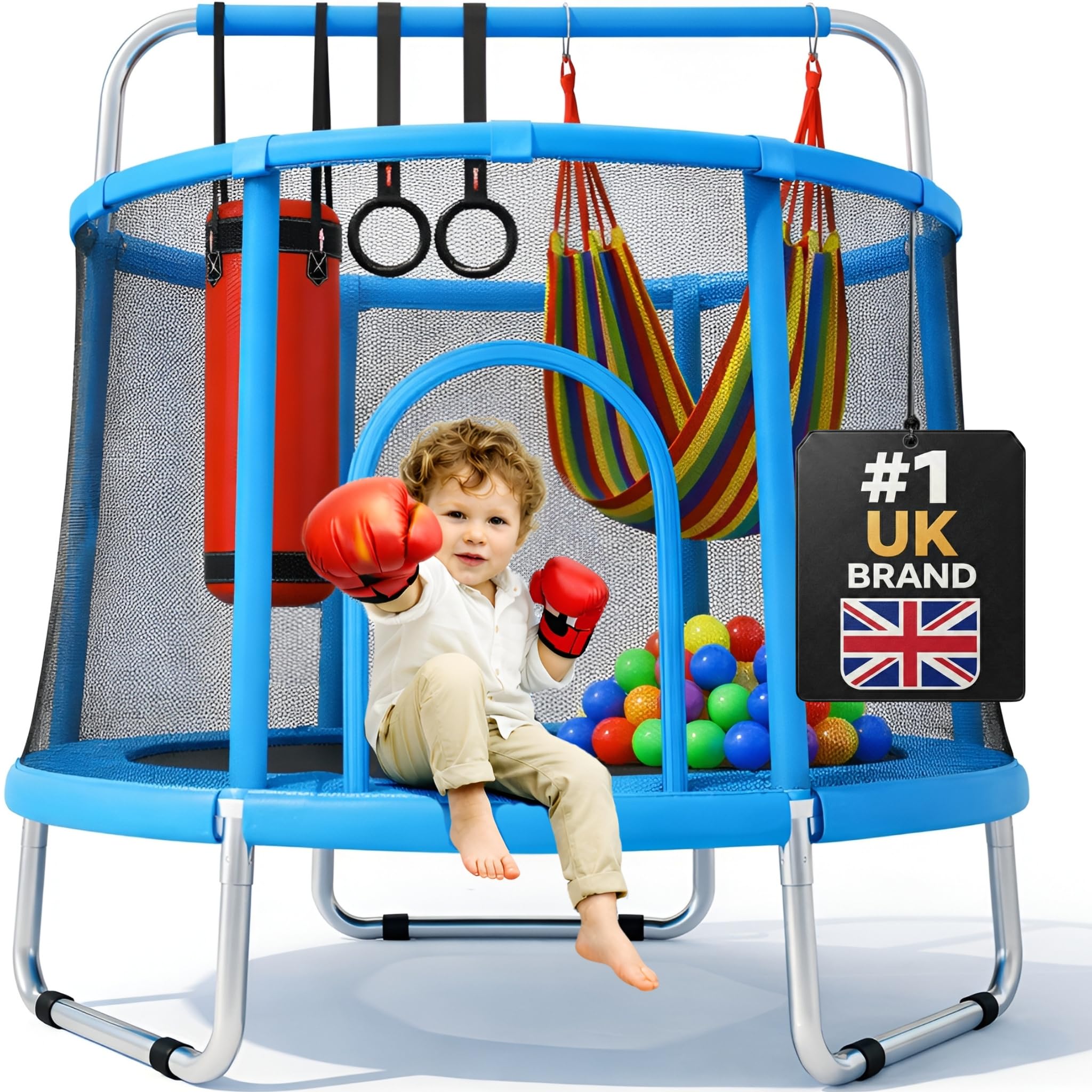 Happin® 55" Kids Trampoline, Trampolines for Toddlers Ages 2-6 with Safety Enclosure Net, Swing, Punching Bag & Rings, Indoor & Outdoor, Small Trampoline for Kids for Boys & Girls