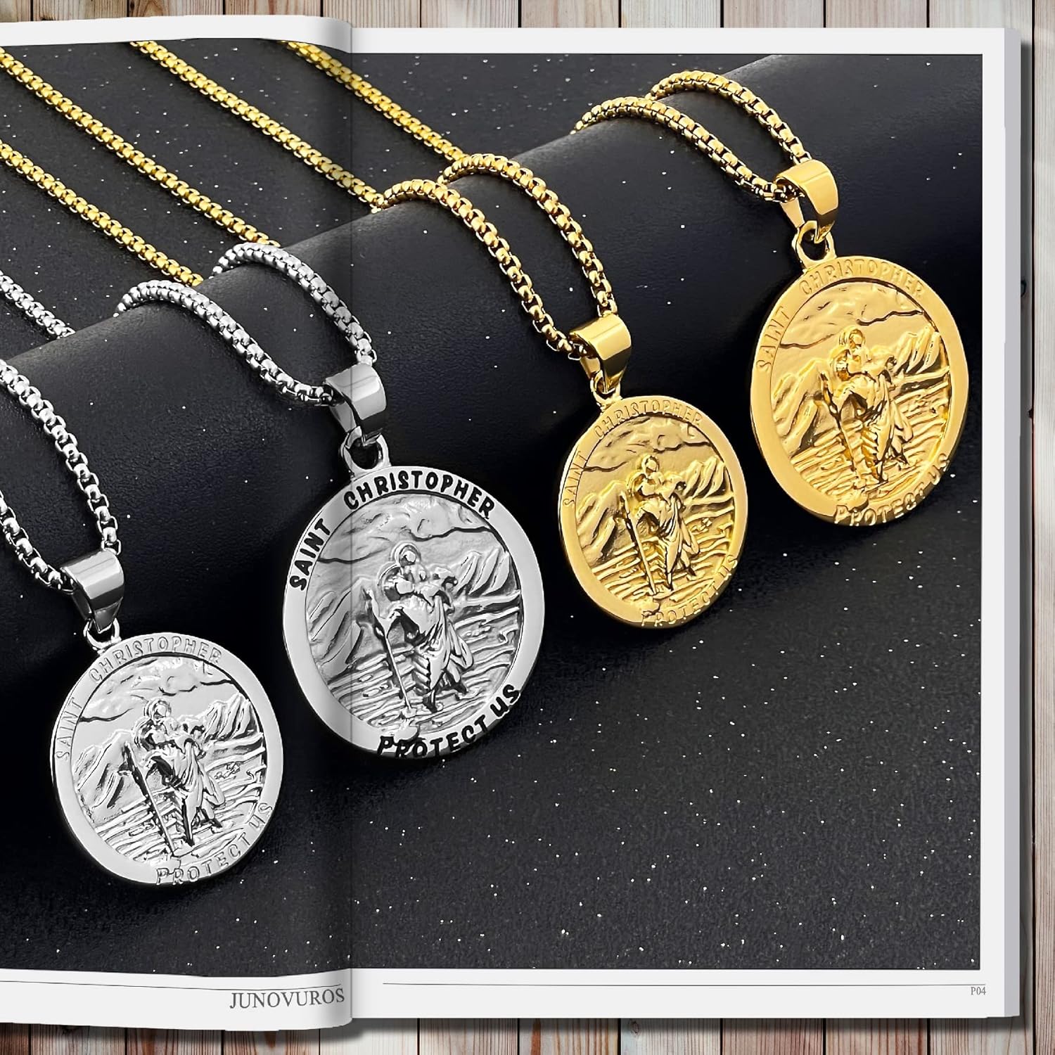 JUNOVUROS 2 Sizes Round St. Christopher Pendant Necklace for Men Women Engraved Style Protection Medal Religious Jewelry Gift, Gold/Silver - Image 3