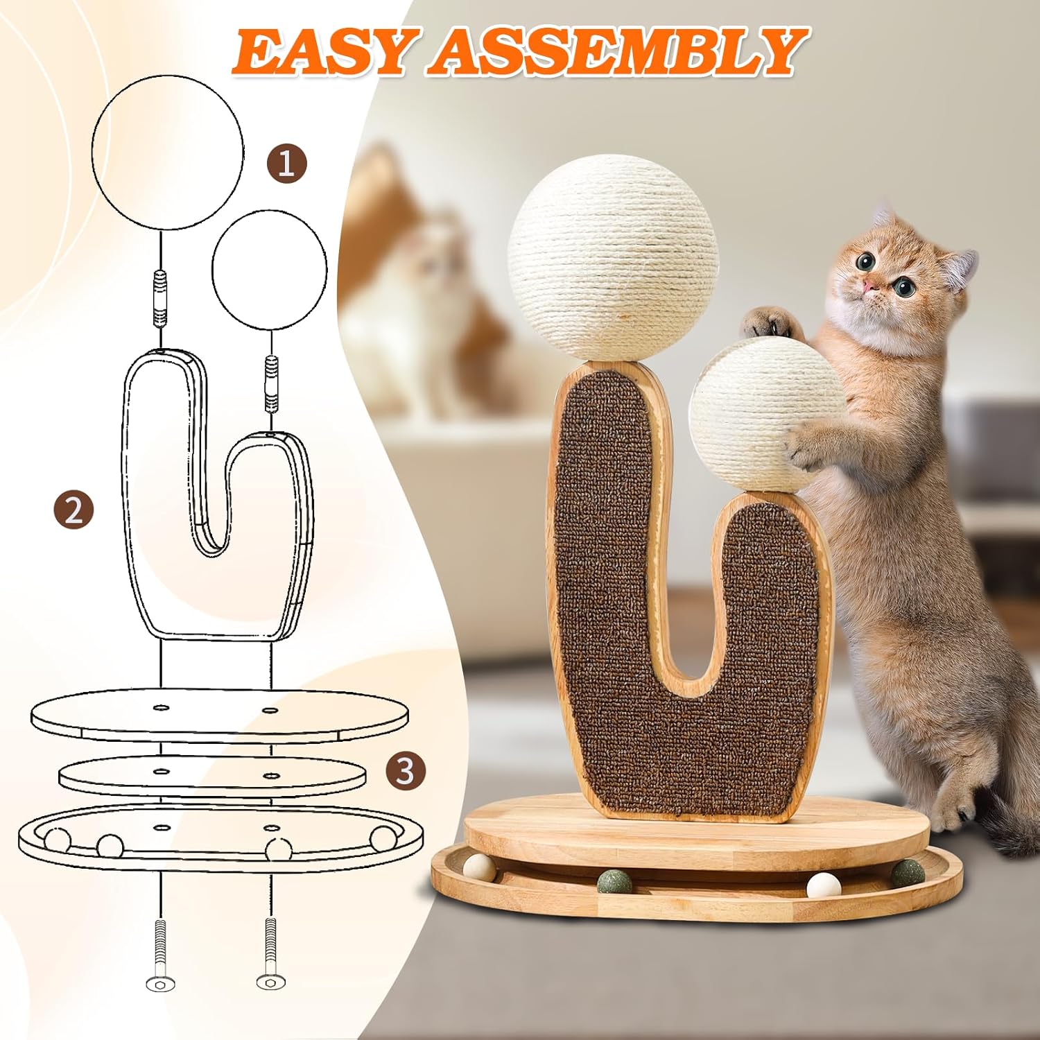 Cactus-Shaped Cat Scratching Post with Cat Scratcher, Interactive Toy Balls, Handmade with Natural Materials, Cute Cat Scratching Post, Easy-to-Clean Cat Furniture