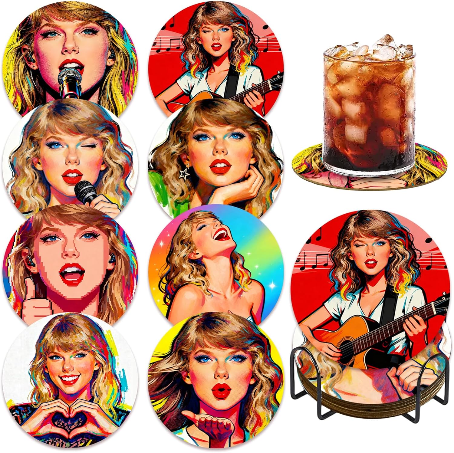Set of 8 Taylor Wood Coasters with Holder,Singer Diamond Art Painting Wooden Coasters for Table Protection Drink Cup Cork Base Farmhouse Housewarming Gifts Decor for Swifties Fans Music Lovers