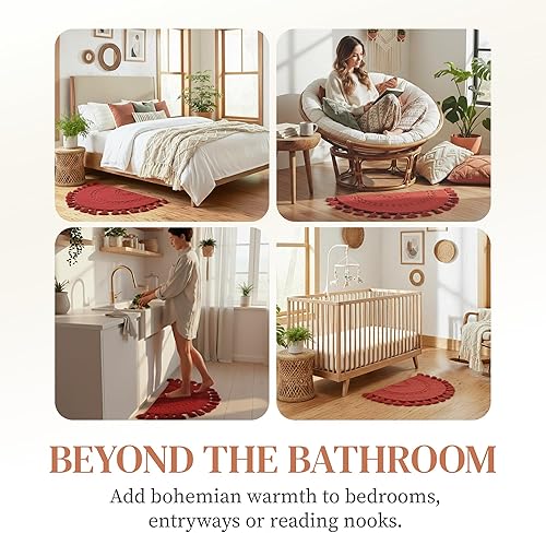 Miniatura 6 de Alfombra bohemia para baño, tapete de algodón medio círculo con inserto de ganchillo y borlas, tapete bohemio decorativo antideslizante para baño,