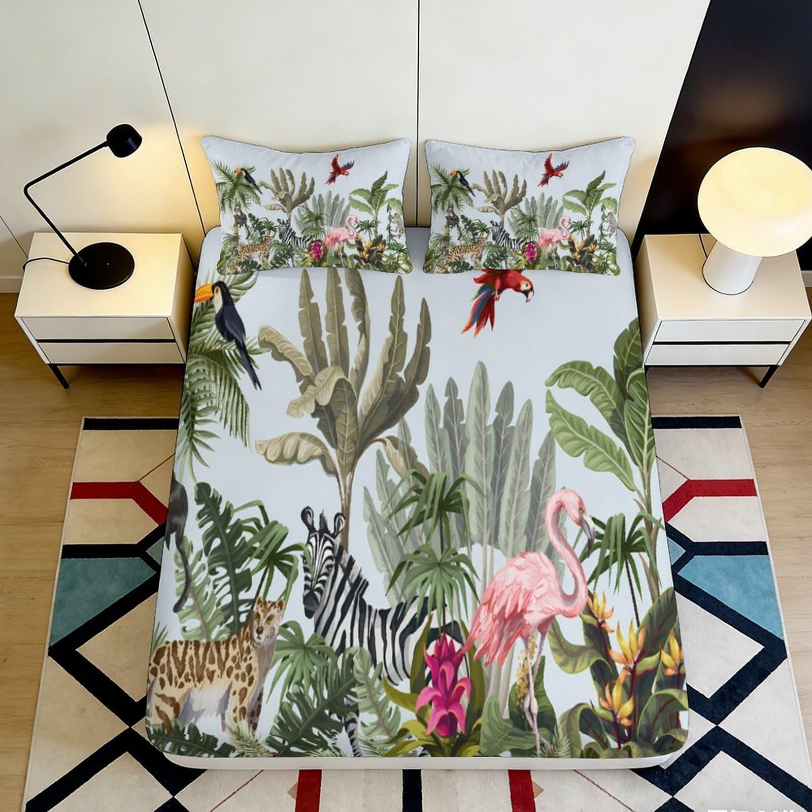 3D Printed Tropical Jungle Fitted Sheet Microfiber Soft Breathable Animal Forest Bed Cover for Bedroom Guest Room Decor 90x200x25cm