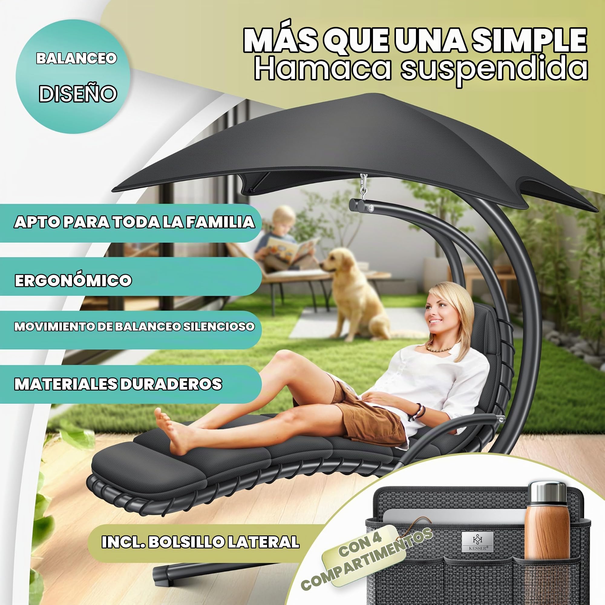 KESSER® Tumbona flotante con sombrilla, tumbona colgante, tumbona H200, L194, B100 cm, tumbona de relax, columpio, hamaca, soporta hasta 120 kg, cojines para el cuello, incluye bolsa