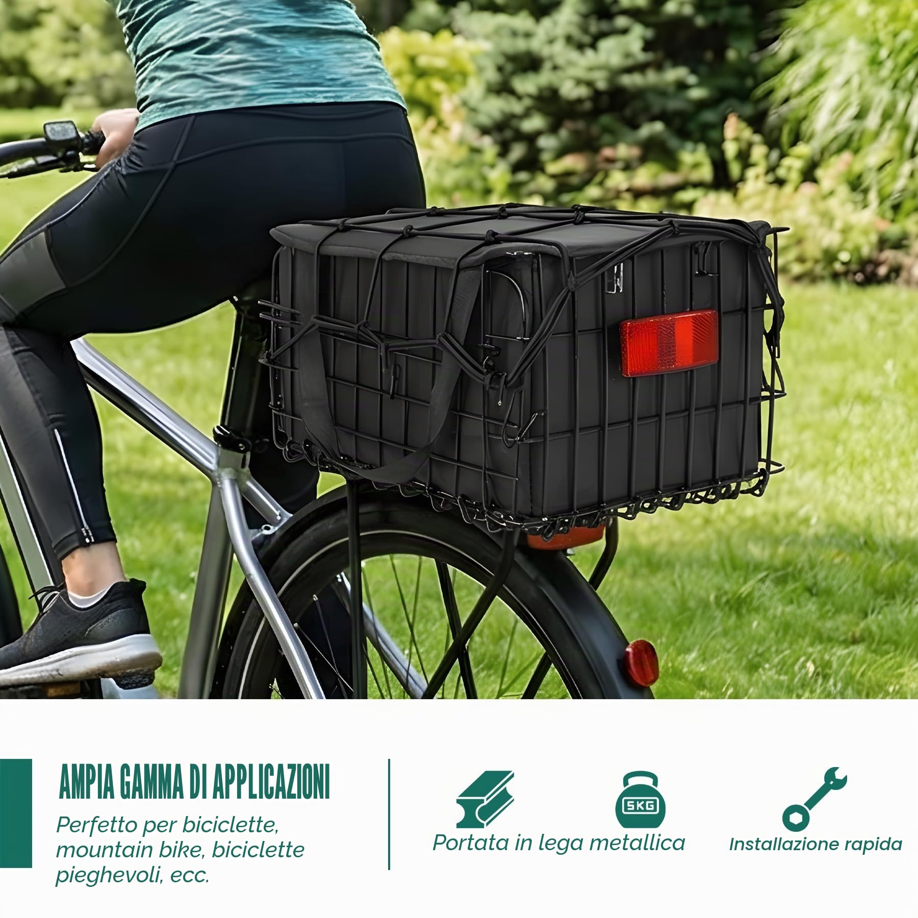 Spesh Cestino pieghevole per bicicletta in filo di acciaio con borsa nera in PU Liner Design a sgancio rapido per il trasporto della spesa