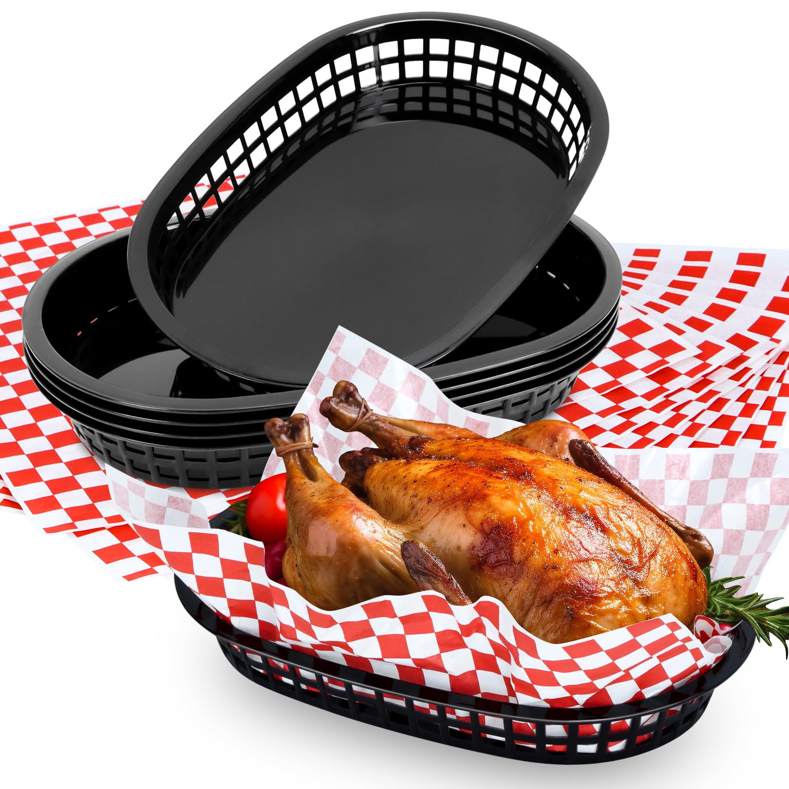 Hslife 60 Sheets Red Checkered Deli Liners and 6 Black Fast Food Baskets, Classic Deli Baskets with Red Checkered Dry Waxed Deli Paper(12'') (6+60)