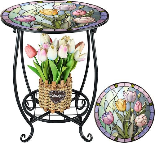 Miniatura 17 de Mesa auxiliar redonda para exteriores, mosaico pequeño, decoración de patio, planta interior, mesa de té para patio, porche, jardín, sala de estar,
