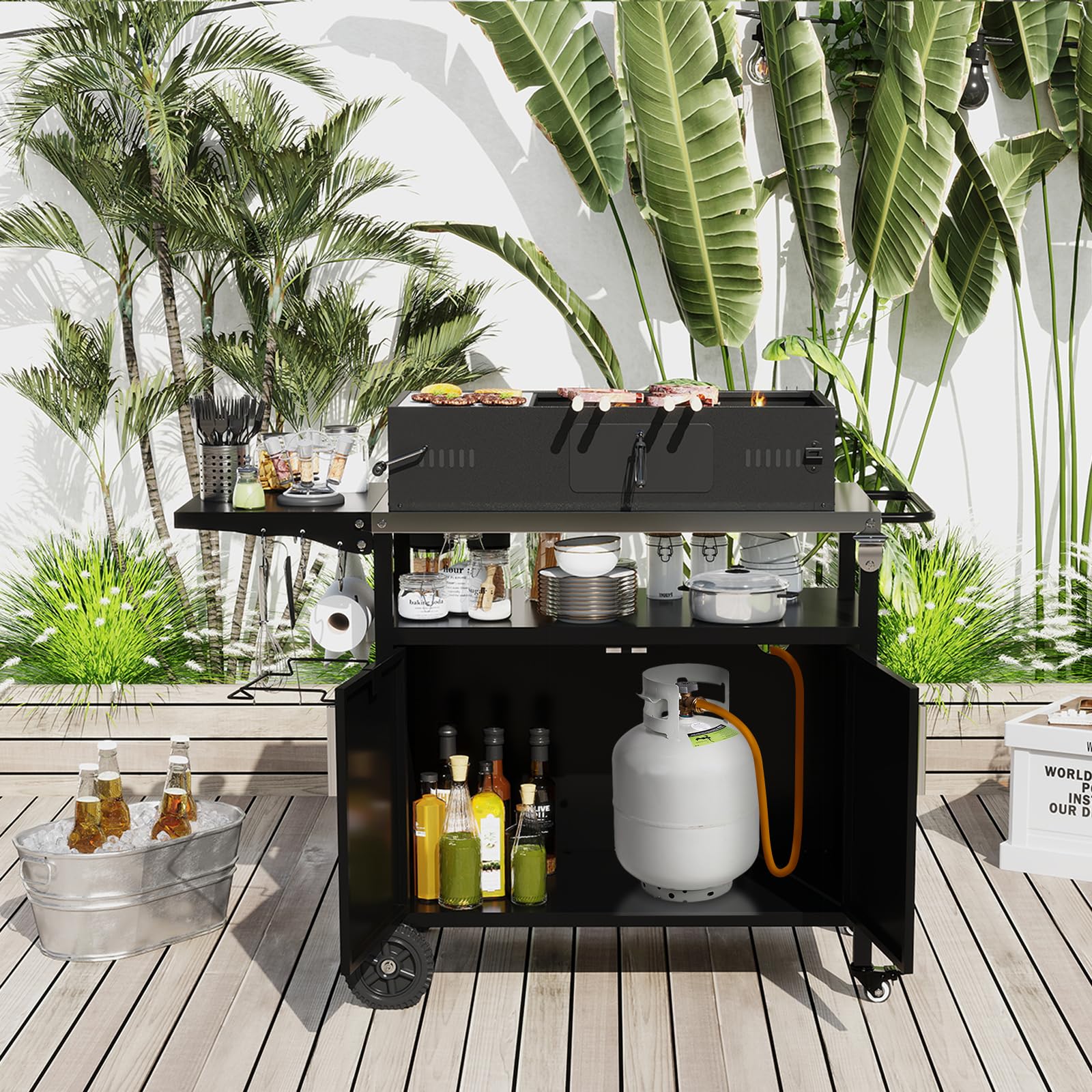 KOMFOTTEU Carro de Barbacoa con Encimera de Acero Inoxidable Plegable, Carrito Auxiliar con Armario con Puertas, Ganchos y Soporte para Bolsas de Basura, Carro para Parrilla con Toallero