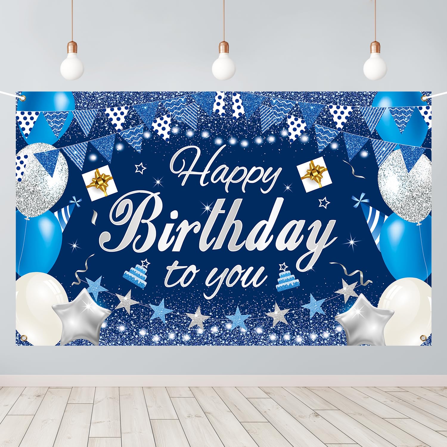 Happy Birthday Backdrop Banner, 5.9x3.6ft Large Fabric Happy Birthday Decorations, Blue Silver Backdrop Background Banner for Birthday Party Decor
