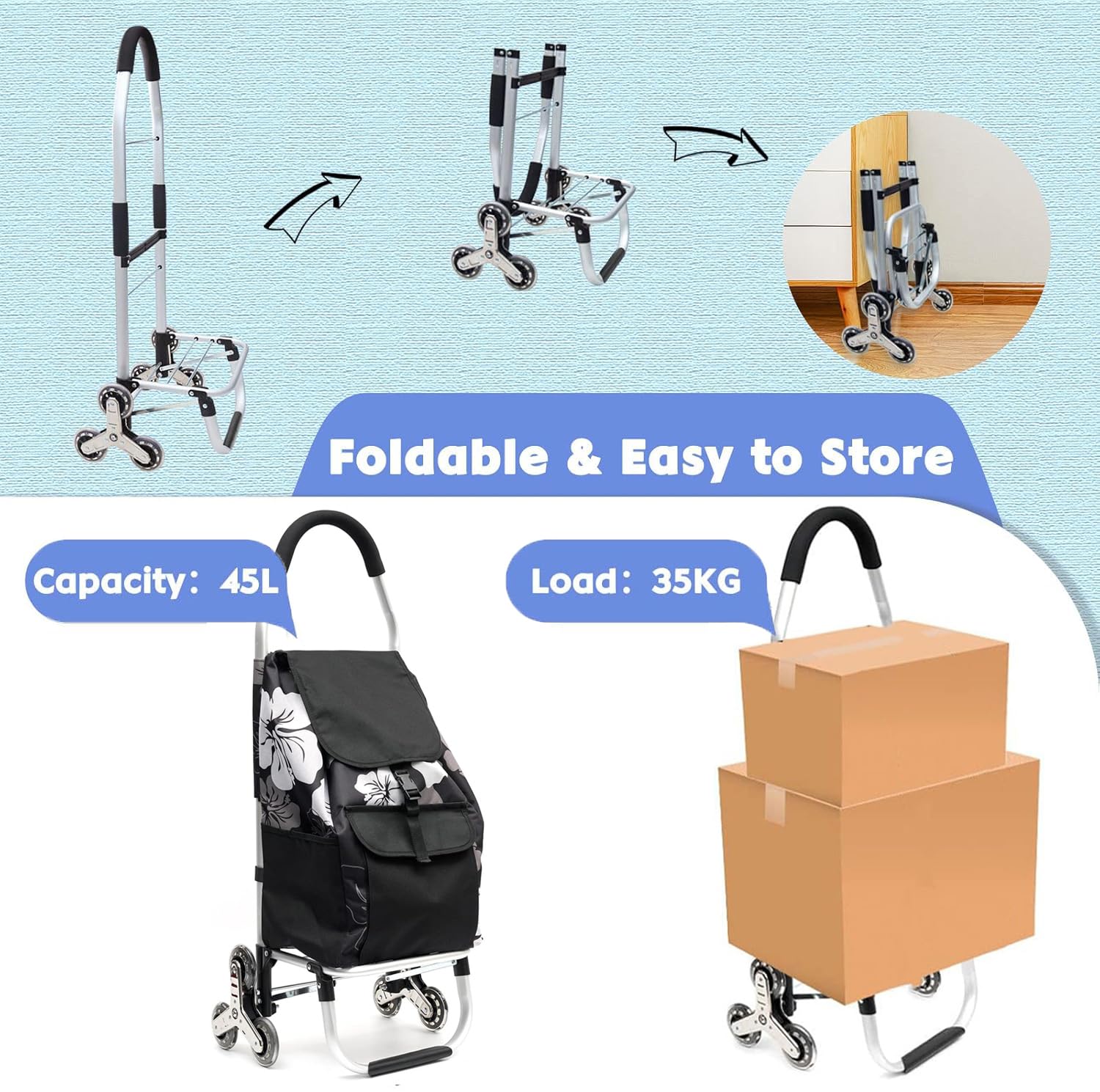 Carrello spesa 3 Ruota per scale con robusto telaio in alluminio e borsa in tela impermeabile rimovibile ideale per lo shopping comodo e pratico D0163 (Parigi, Ruota Bianco silenzioso)