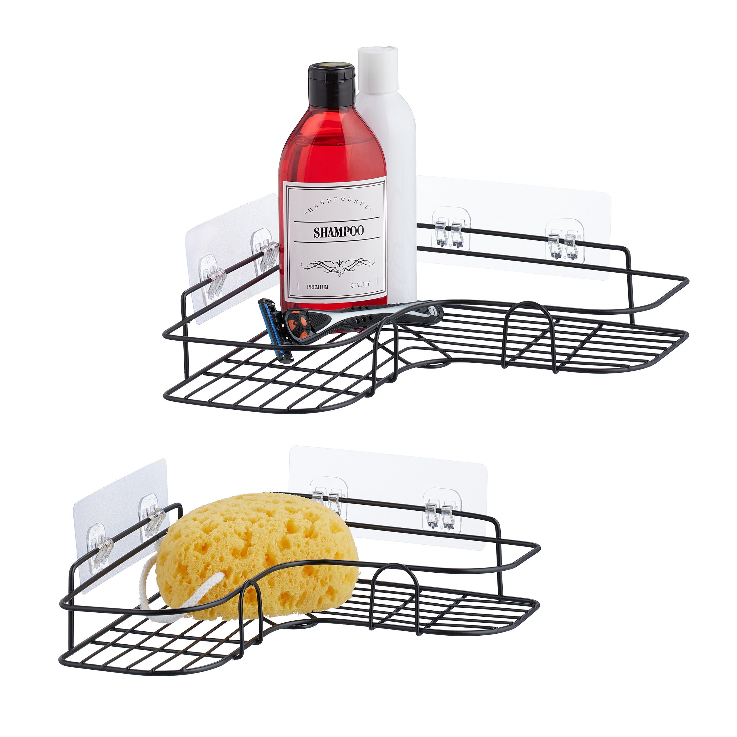 Relaxdays Duschablage ohne Bohren – 2er Set, Eck-Duschkorb, selbstklebend, Metall, schwarz