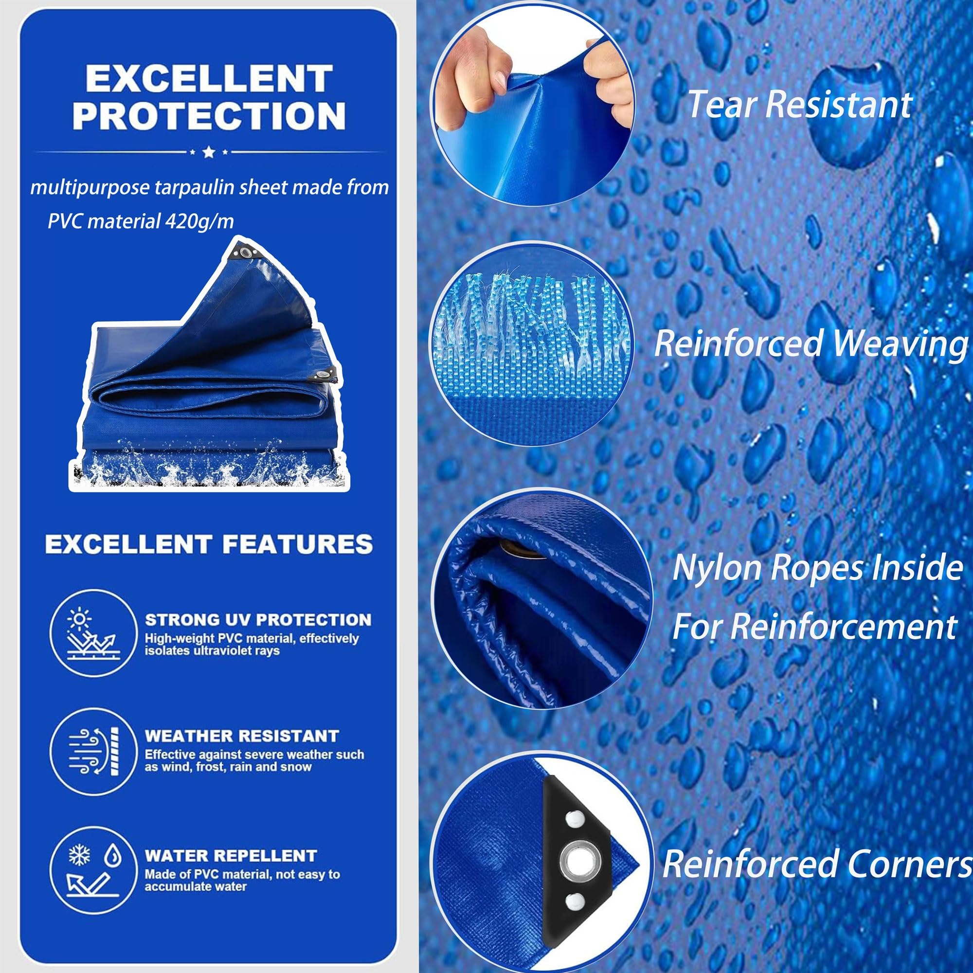 Telone impermeabile 2,5 x 7 m, 520 g/m², in PVC, multiuso, leggero, resistente alle intemperie, resistente, blu, ideale per camion e attrezzature da campeggio.