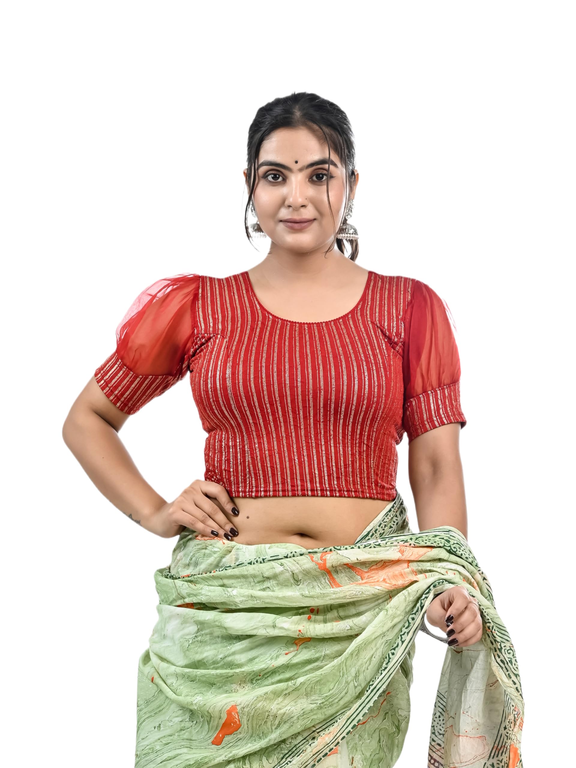 Women’s Puff Sleeve Saree Blouse – Round Neck Stretchable Readymade Designer Blouse for Women-image-25