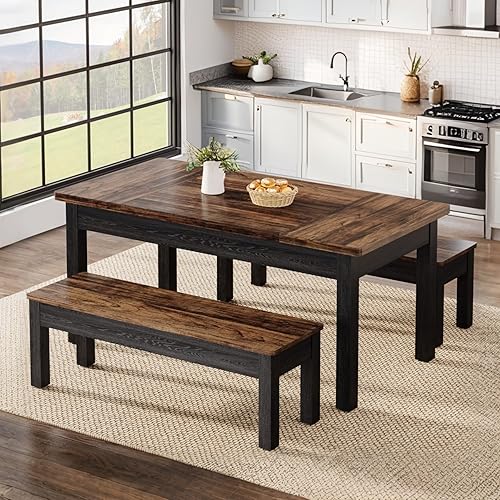 Miniatura 6 de Tribesigns Juego de mesa de cocina de granja para mesa de comedor de madera de 4 a 6 pulgadas, 55 pulgadas con 2 bancos, ahorro de espacio, 3 piezas