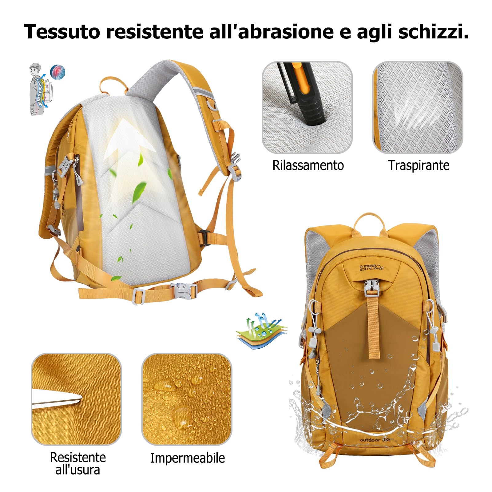 Zaino da Trekking 30L Zaino da Giorno Outdoor Idrorepellente Zaini Leggero con Strisce Riflettenti Molteplici Tasche Backpack Viaggio per Alpinismo Campeggio Uso Quotidiano Giallo