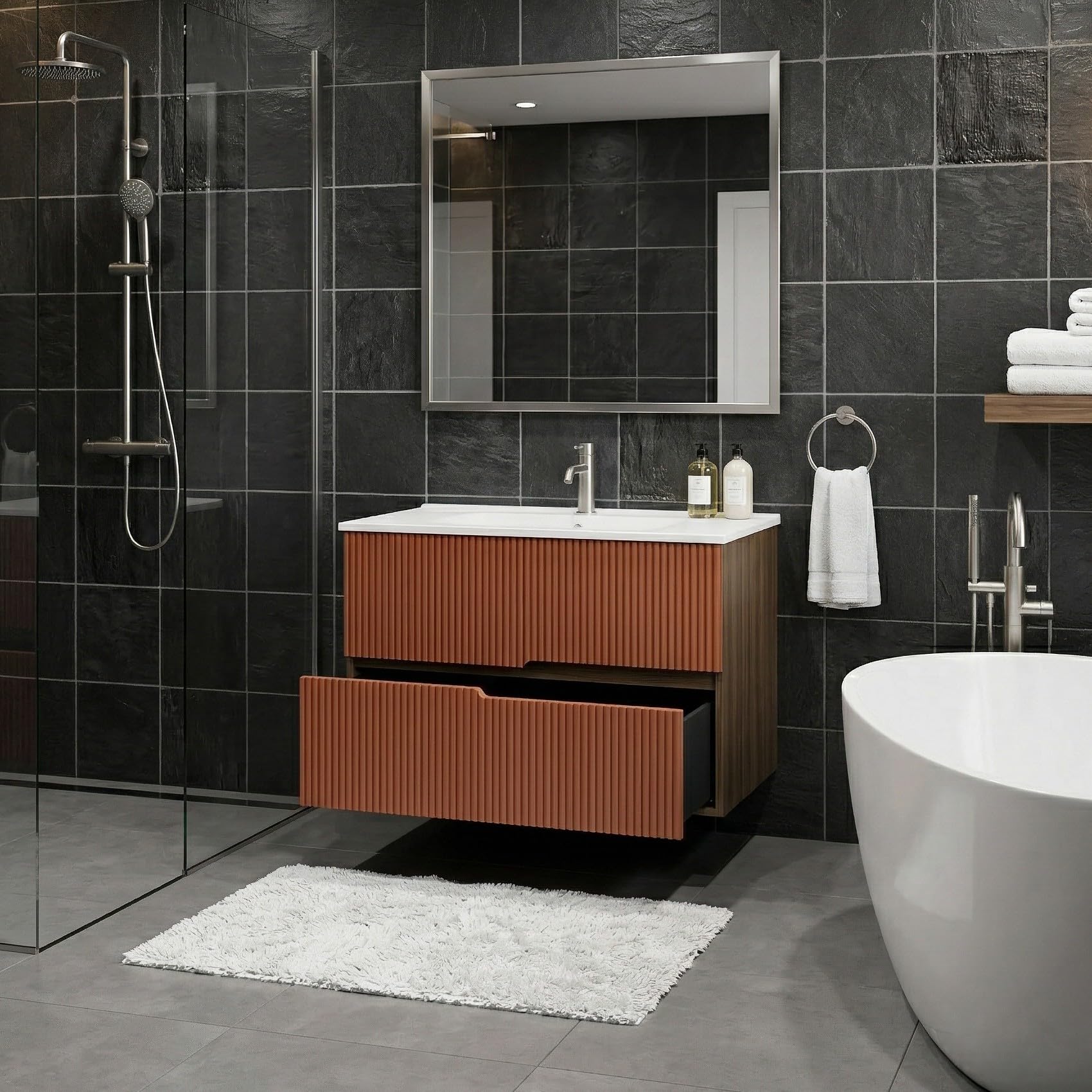 SANIVERRE Ensemble Meuble Simple Vasque L.80cm + 1 Colonne à Suspendre Chêne Moka 2 tiroirs Brique cannelé Collection Salle de Bain EVA