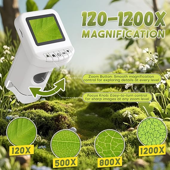 Mini Portable Digital Microscope for Kids with 2.0 Screen, 6 Adjustable Lights, 200X Zoom & Built-in Photo Storage, Educational Science Birthday Gift