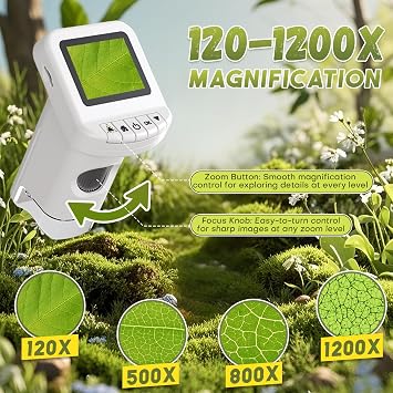 Mini Portable Digital Microscope for Kids with 2.0 Screen, 6 Adjustable Lights, 200X Zoom & Built-in Photo Storage, Educational Science Birthday Gift